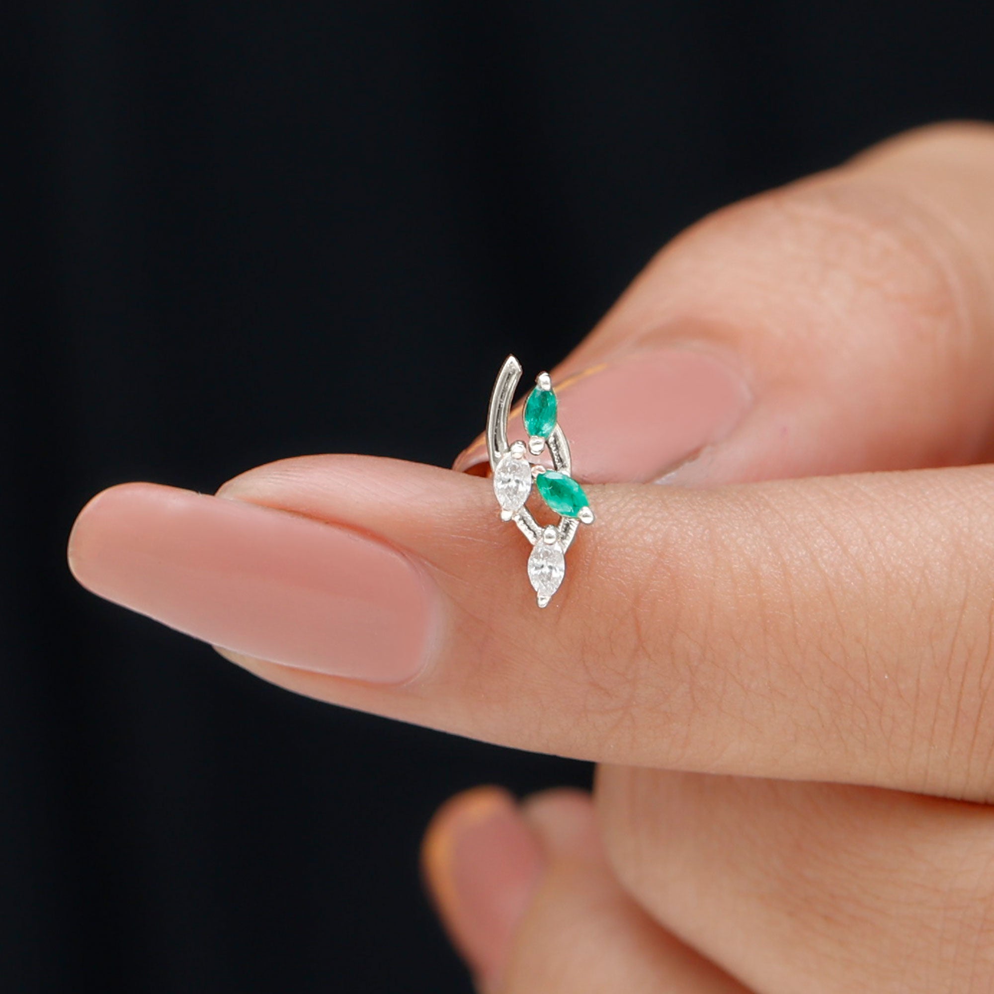 Rosec Jewels-Marquise Emerald and Moissanite Crawler Earring for Helix Piercing