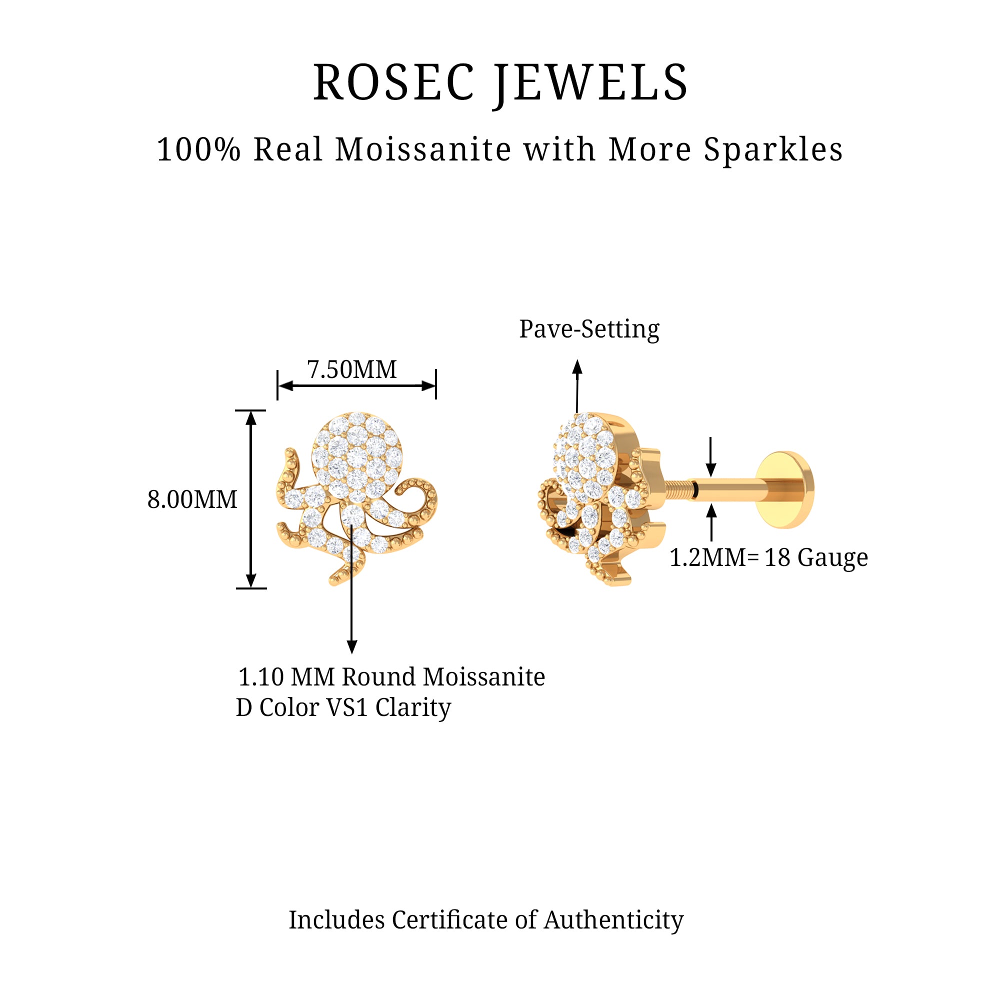 Rosec Jewels-Moissanite Gold Octopus Earring for Cartilage Piercing