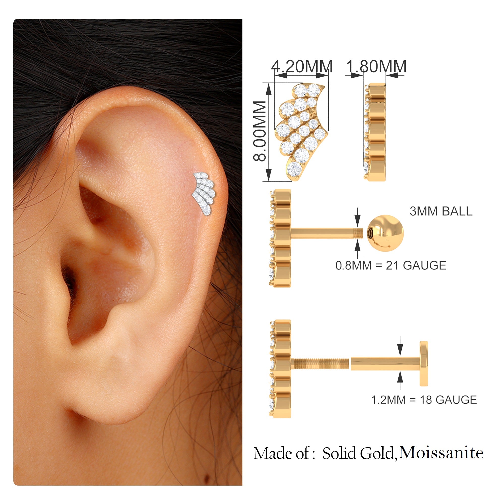 Rosec Jewels-Unique Moissanite Gold Wing Earring for Upper Lobe Piercing