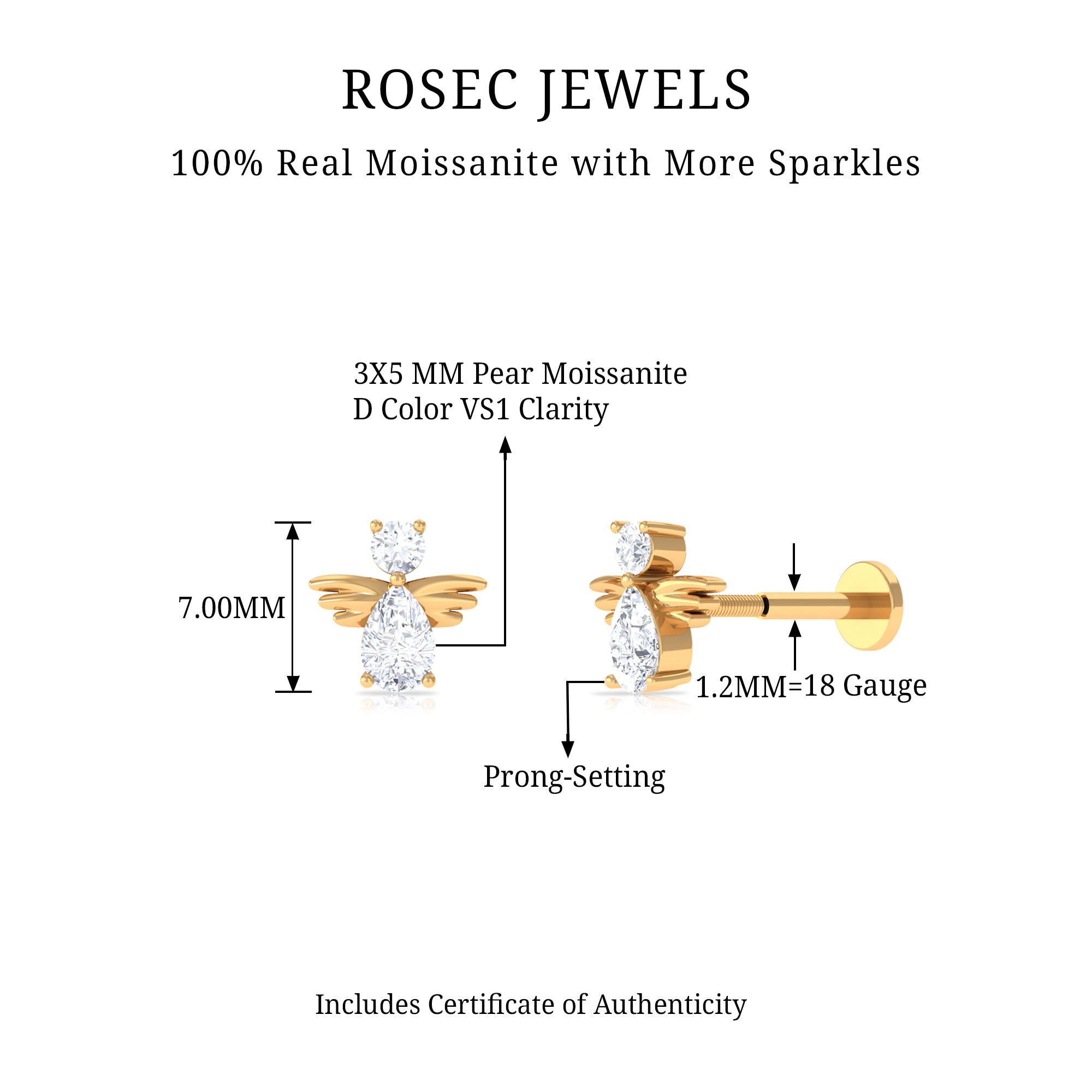 Rosec Jewels-Pear and Round Moissanite Angel Cartilage Earring