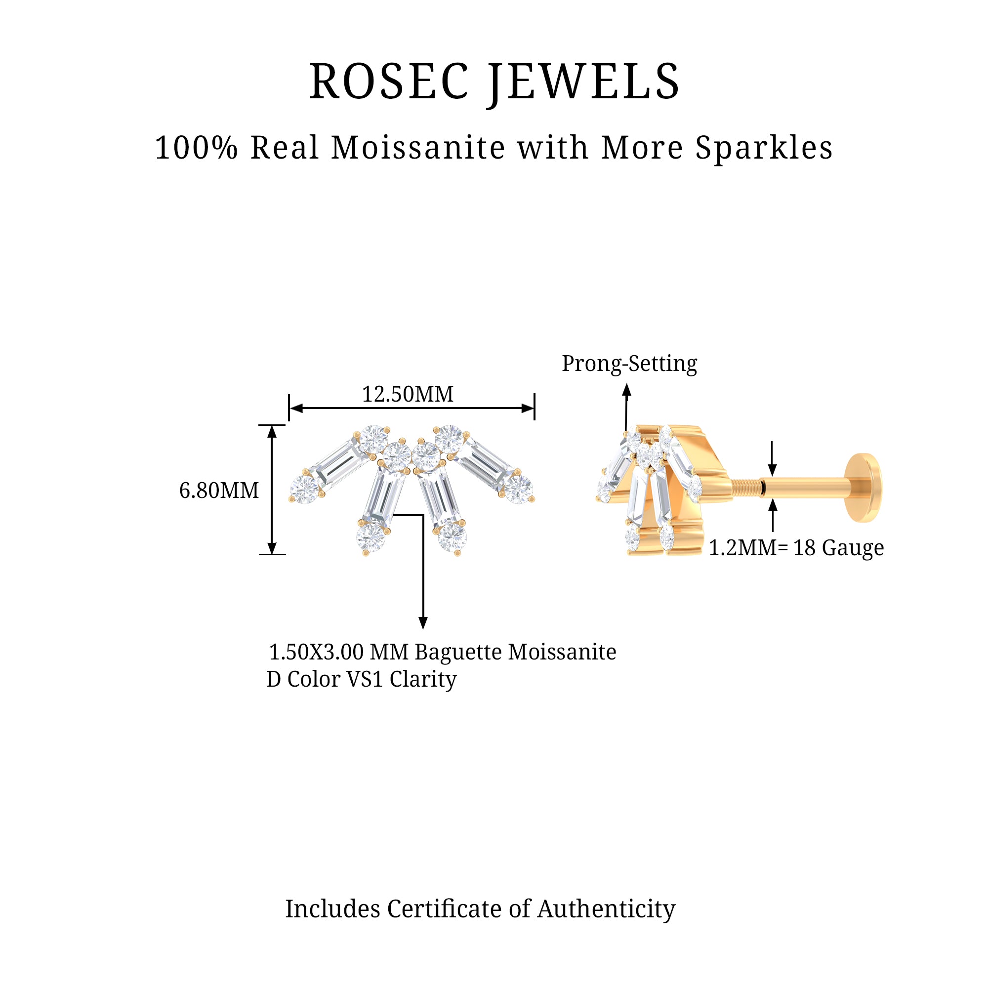 Rosec Jewels-Baguette Moissanite Curved Cartilage Earring