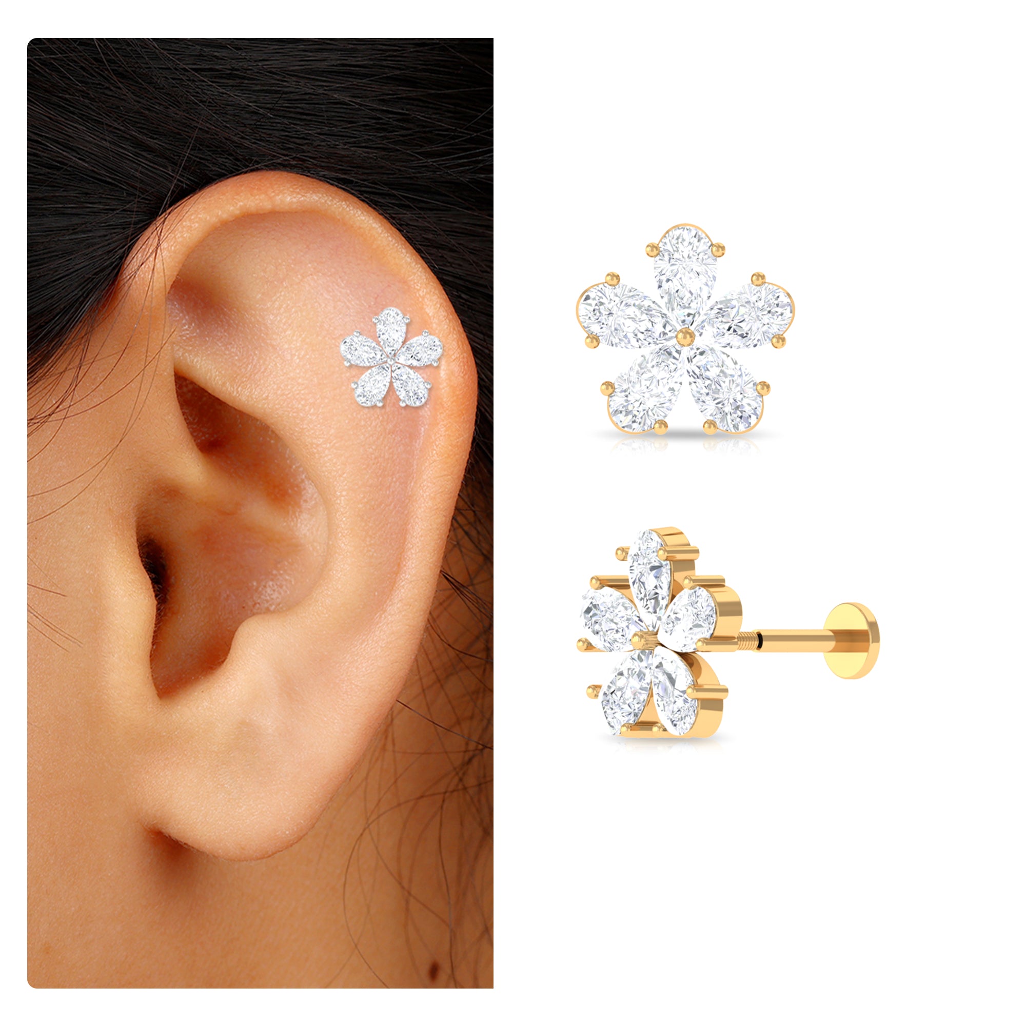 Rosec Jewels-Pear Moissanite Floral Earring for Cartilage Piercing