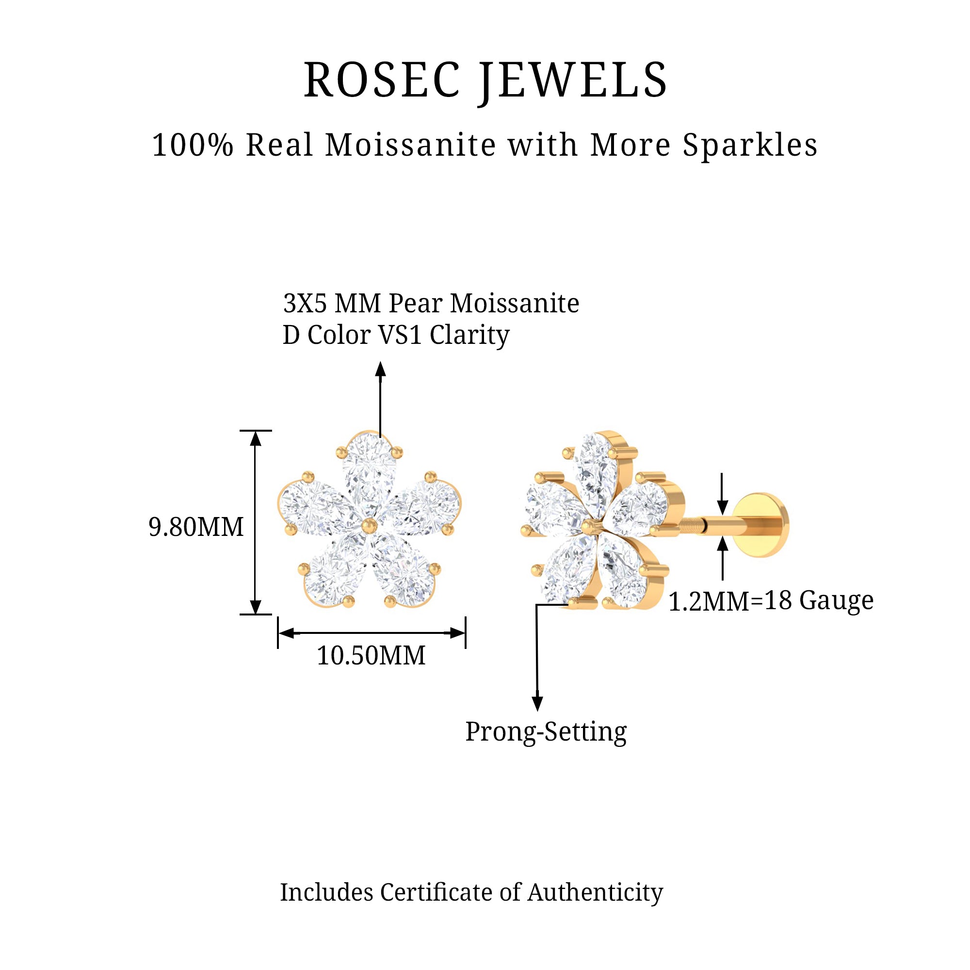 Rosec Jewels-Pear Moissanite Floral Earring for Cartilage Piercing