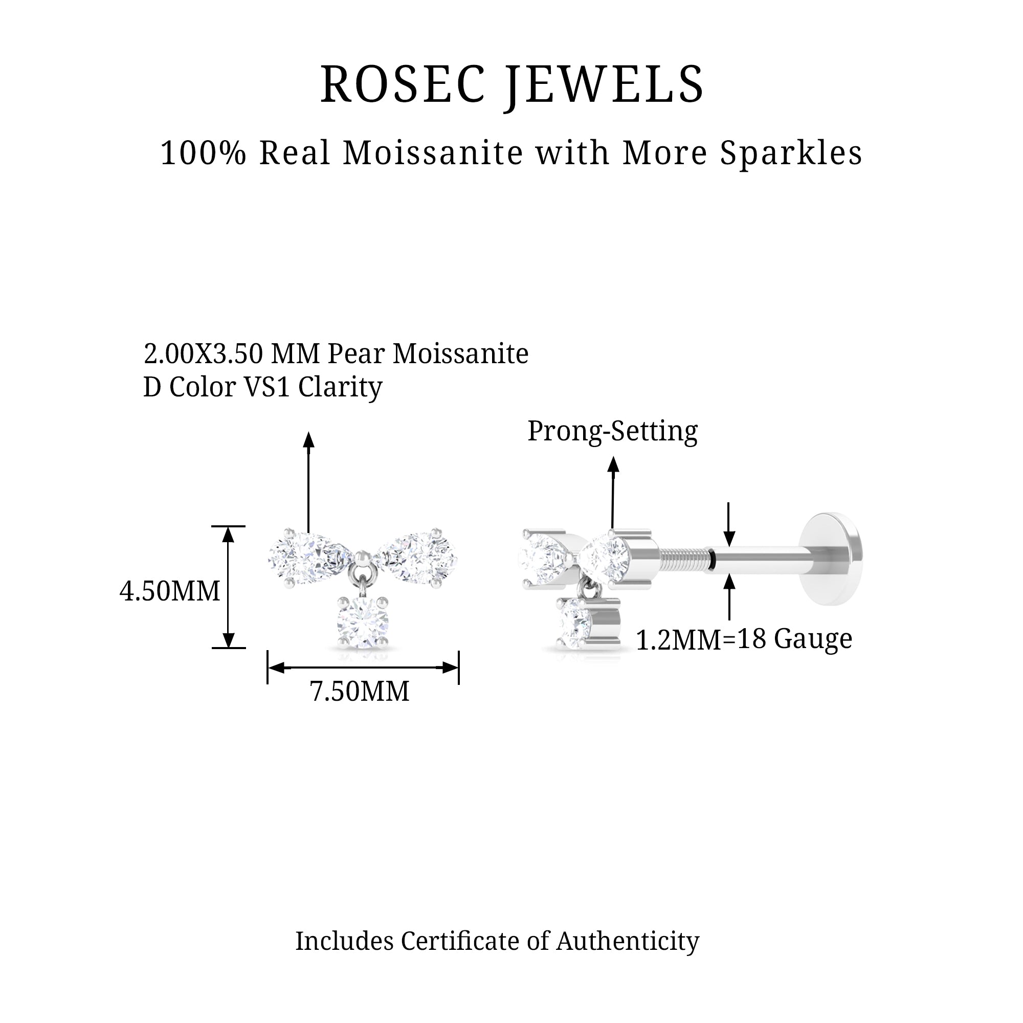 Rosec Jewels-Pear Shape Moissanite Drop Earring for Helix Piercing