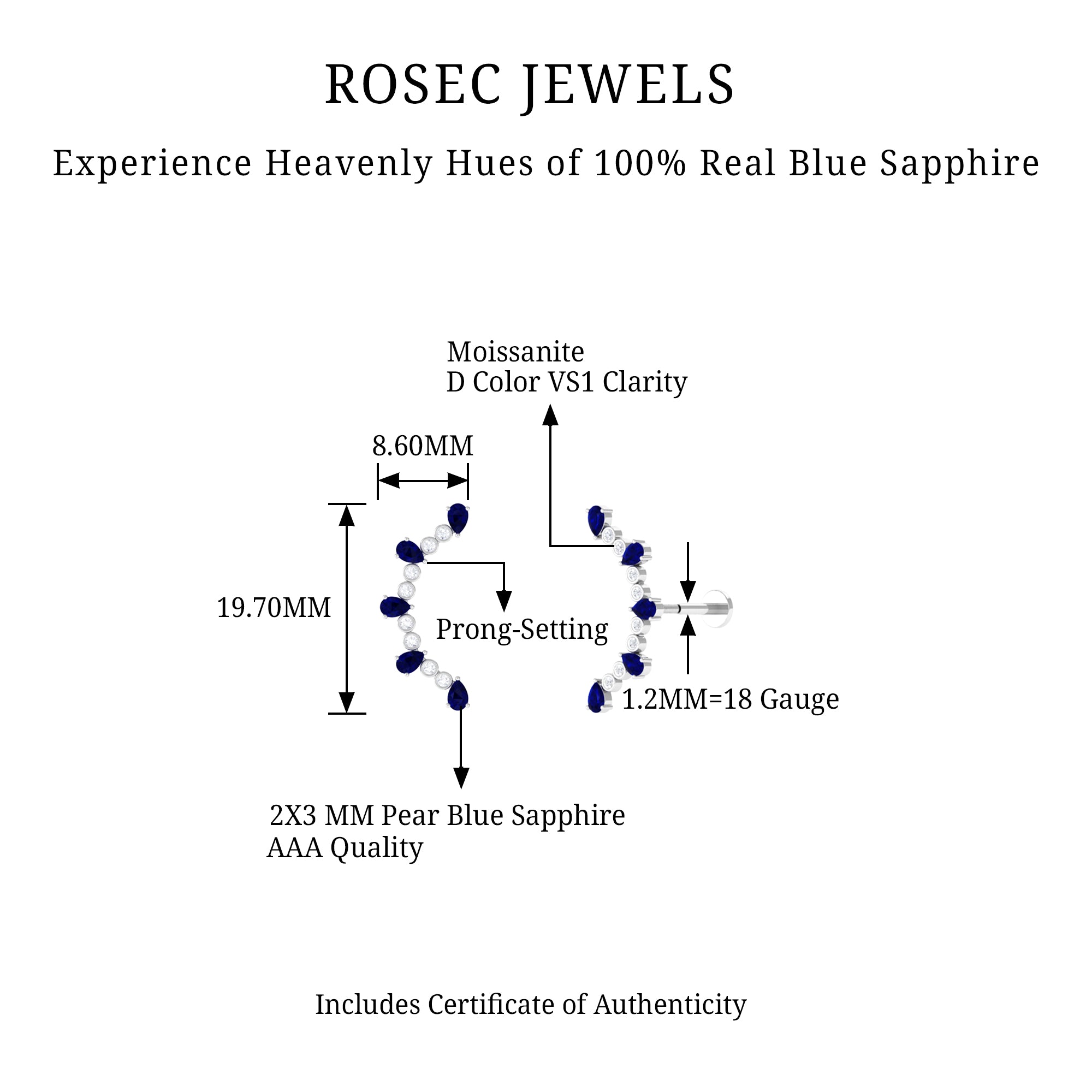 Rosec Jewels-Blue Sapphire and Moissanite Curved Crawler Earring