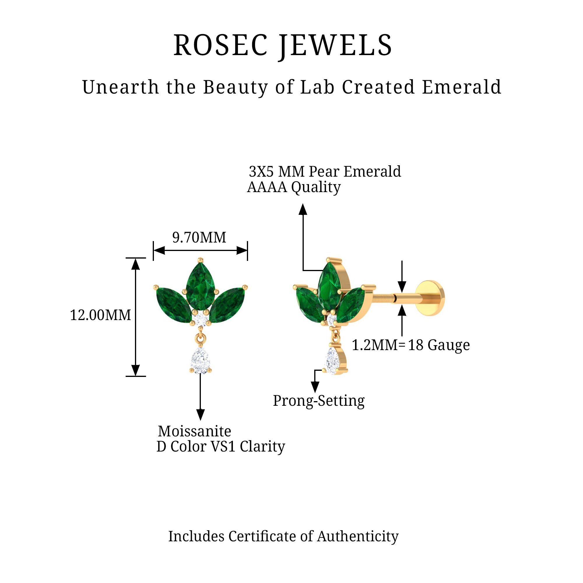 Rosec Jewels-Created Emerald Flower Earring with Teardrop Moissanite