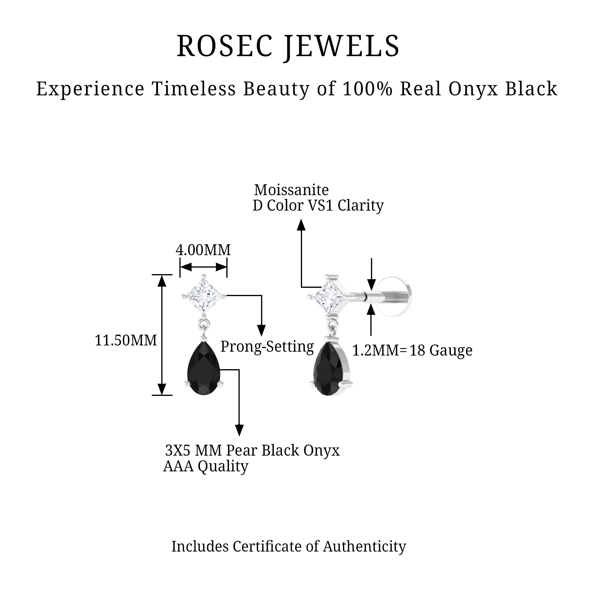 Rosec Jewels-Pear Shape Black Onyx Dangling Helix Earring with Moissanite