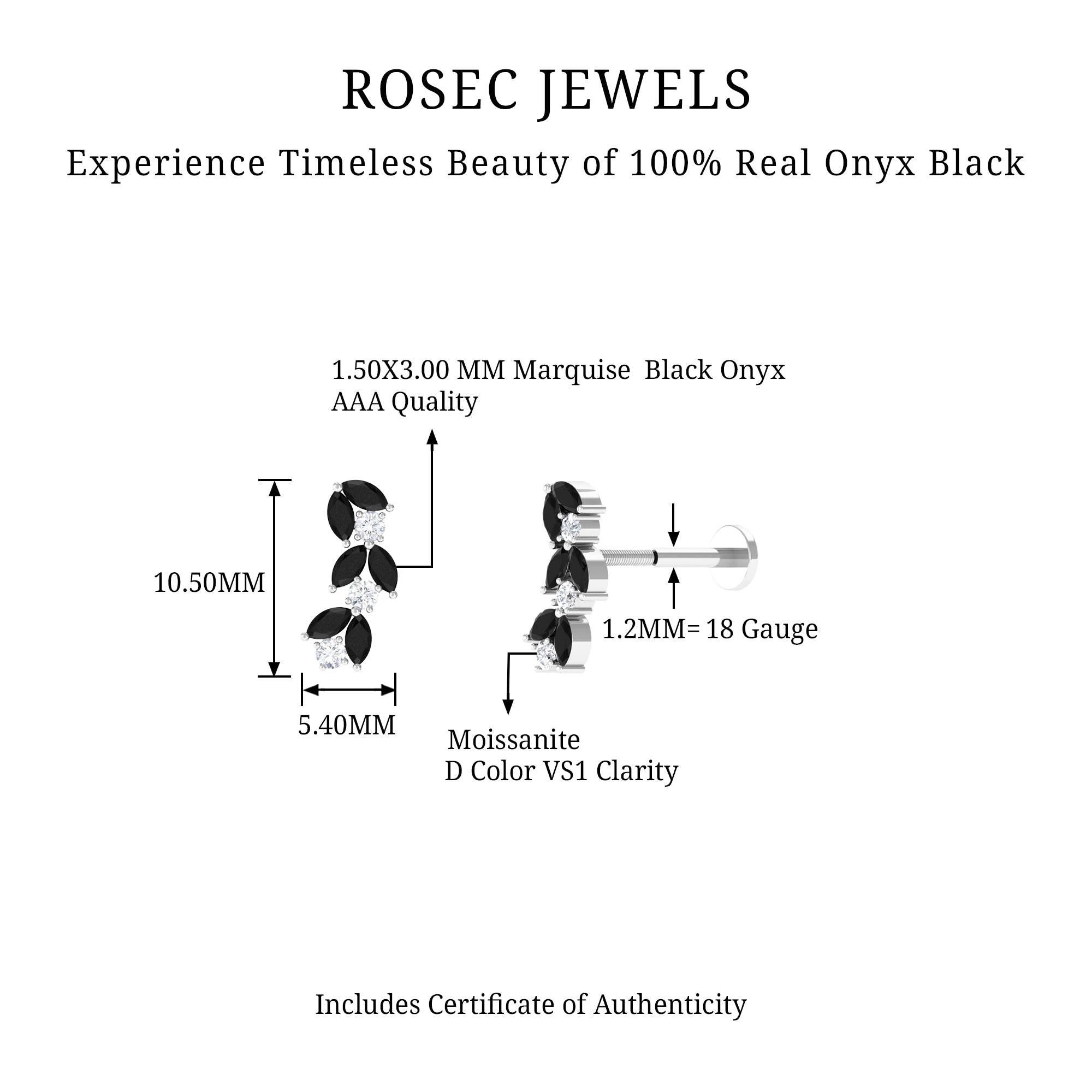 Rosec Jewels-Marquise Black Onyx and Moissanite Leaf Ear Crawler Earring