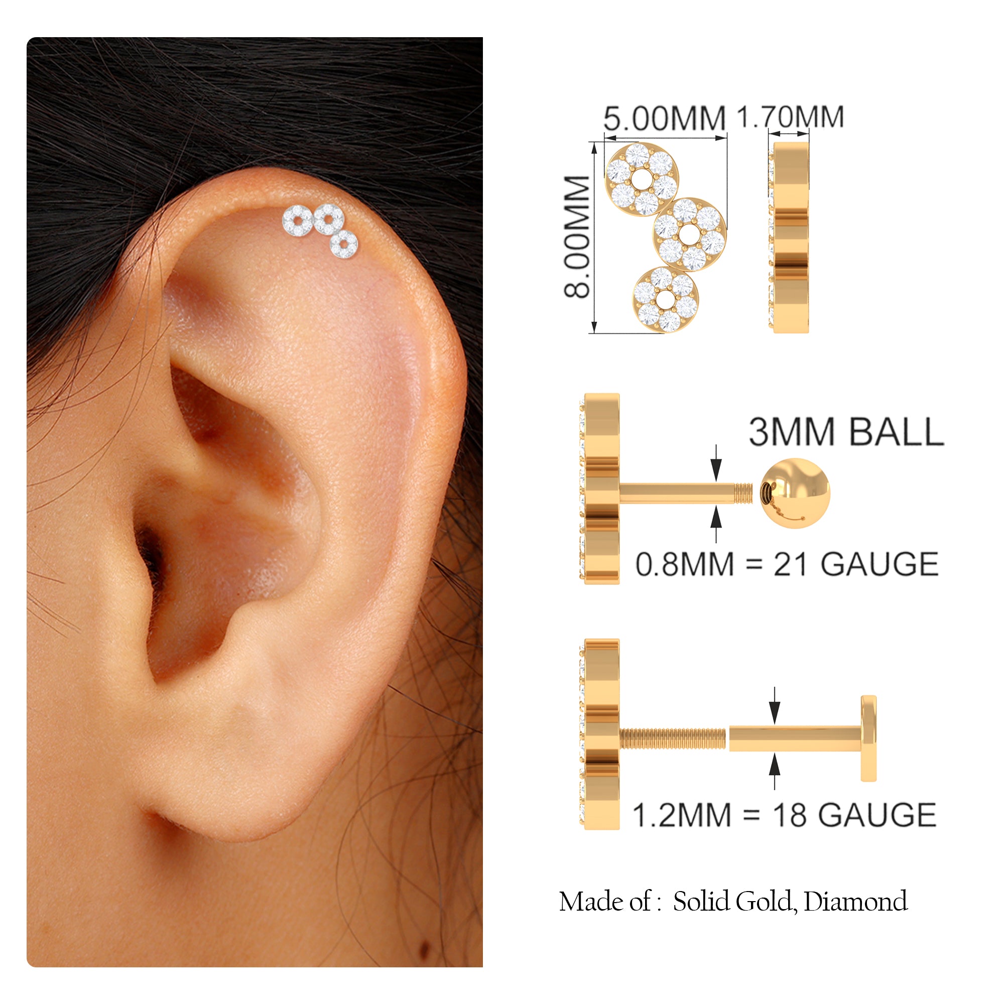 Rosec Jewels-Moissanite Circle Curved Cartilage Earring in Gold