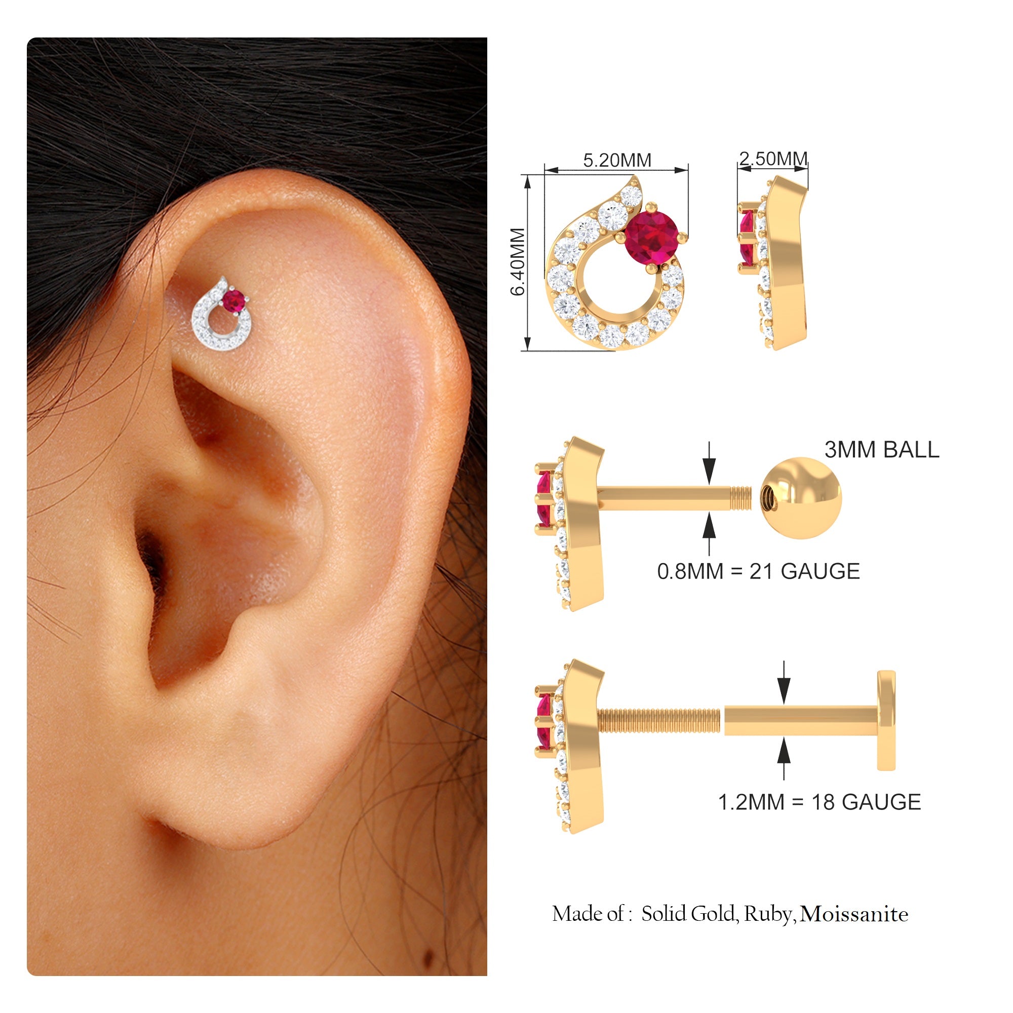 Rosec Jewels-Round Ruby and Moissanite Unique Helix Earring