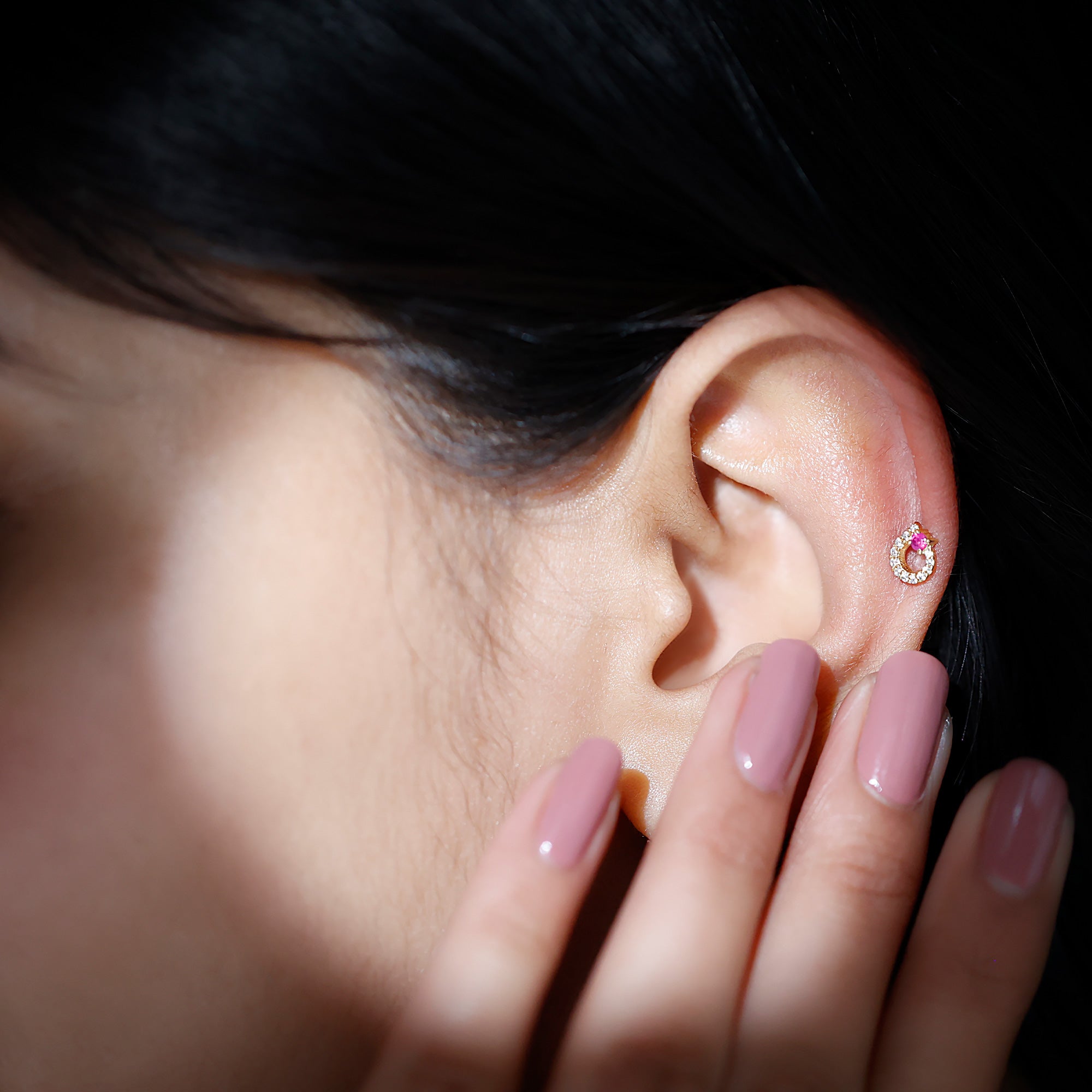 Rosec Jewels-Round Ruby and Moissanite Unique Helix Earring