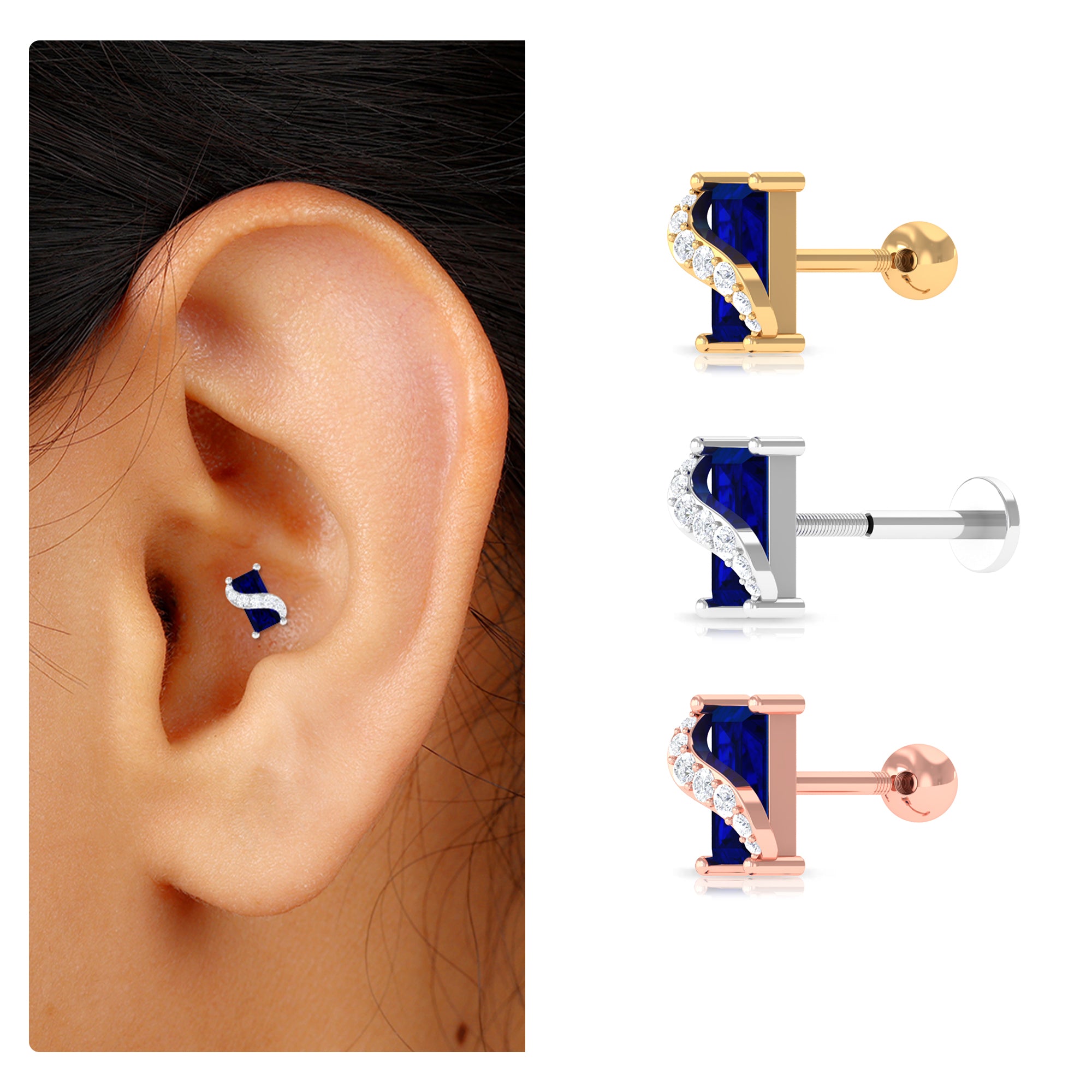 Rosec Jewels-Baguette Cut Blue Sapphire Helix Earring with Moissanite