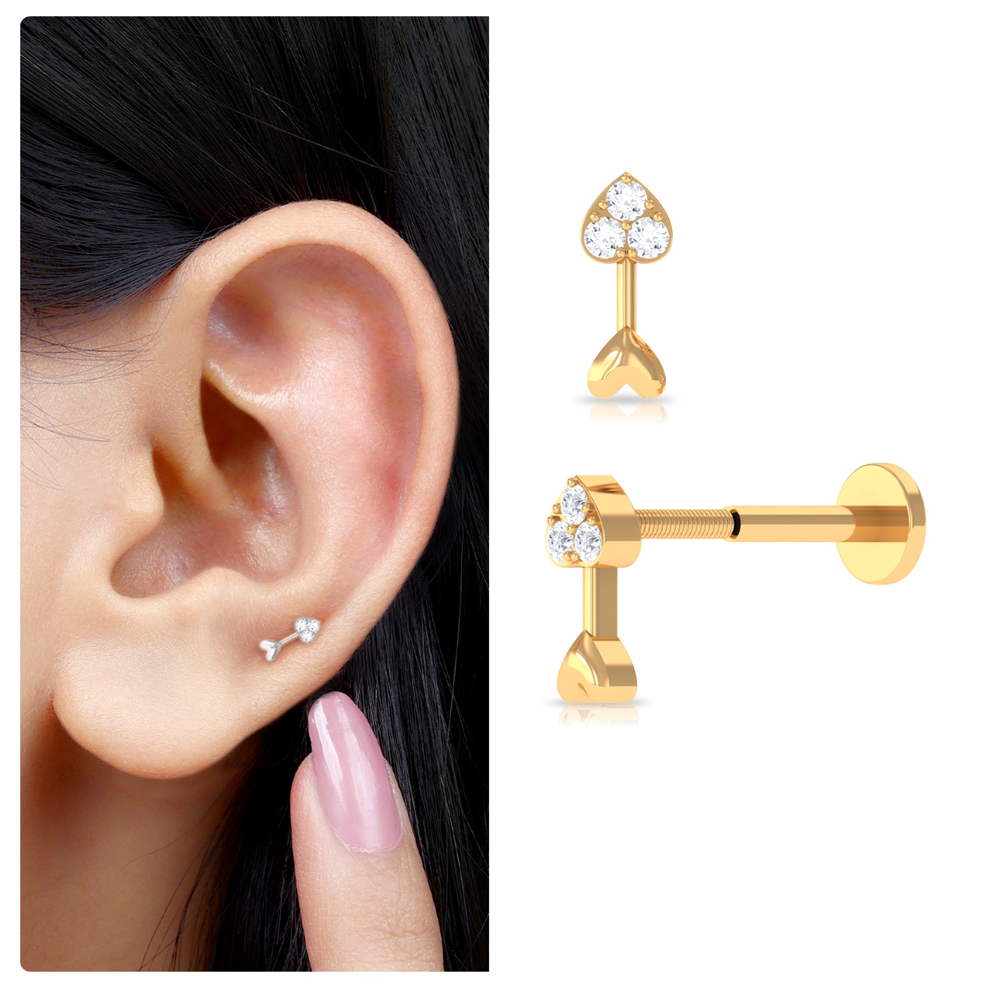 Rosec Jewels-Unique Diamond Gold Heart Arrow Earring for Helix Piercing