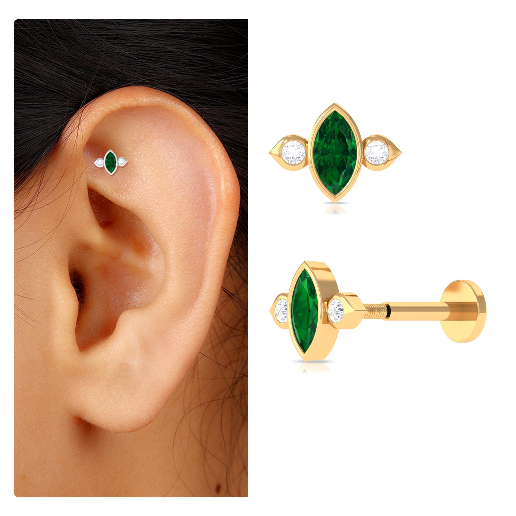 Rosec Jewels-Marquise Emerald and Moissanite Cartilage Earring in Gold