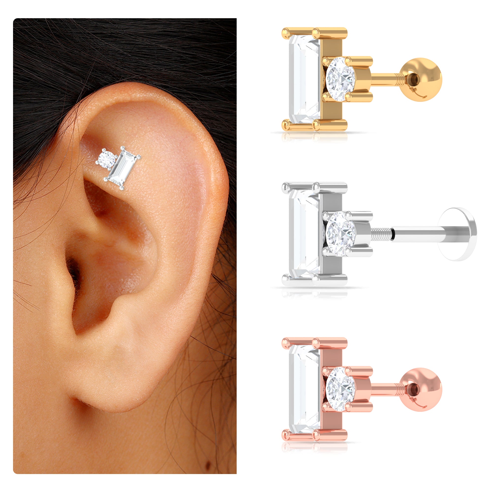 Rosec Jewels-Baguette and Round Moissanite Two Stone Helix Earring