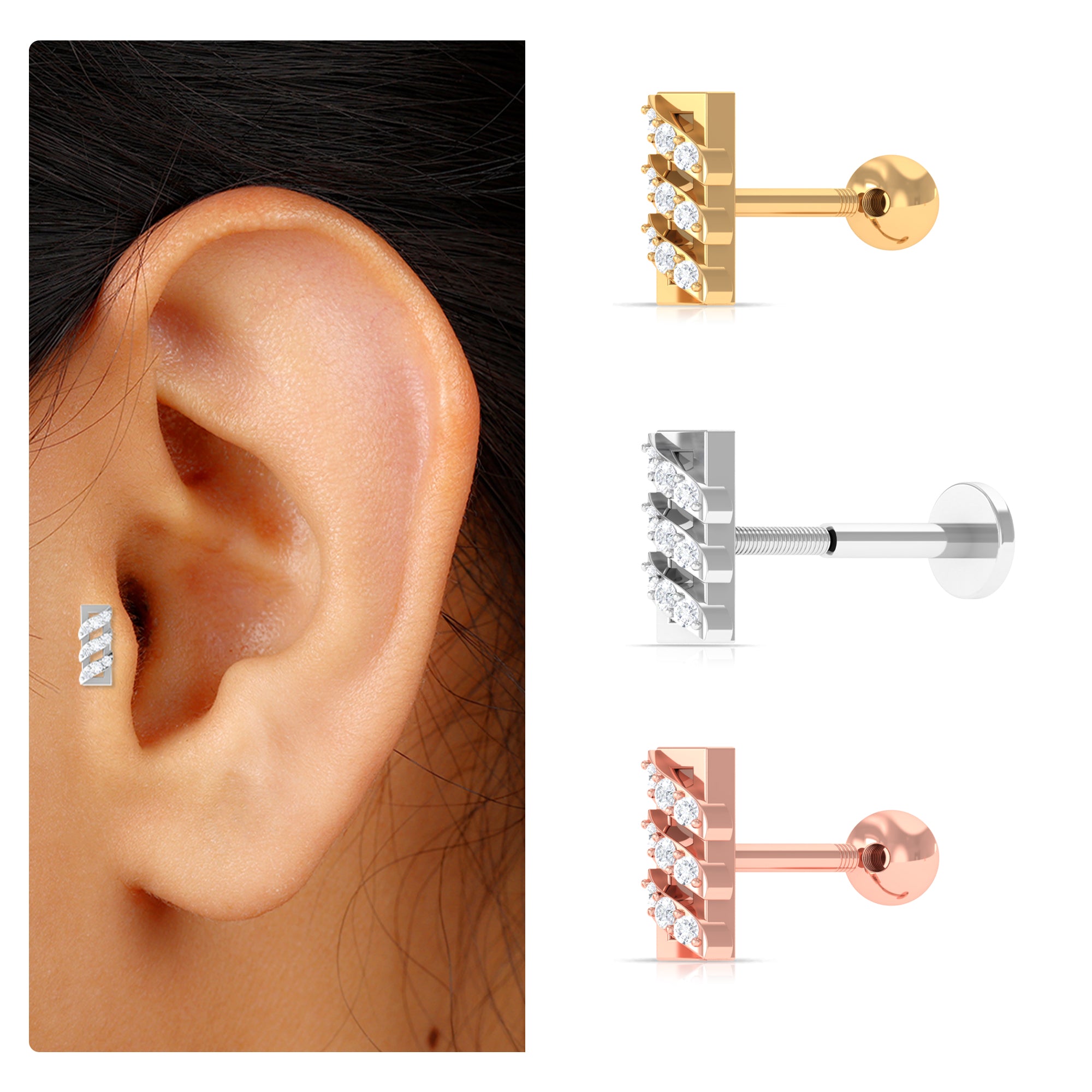 Rosec Jewels-Minimalist Diamond Gold Bar Earring for Tragus Piercing