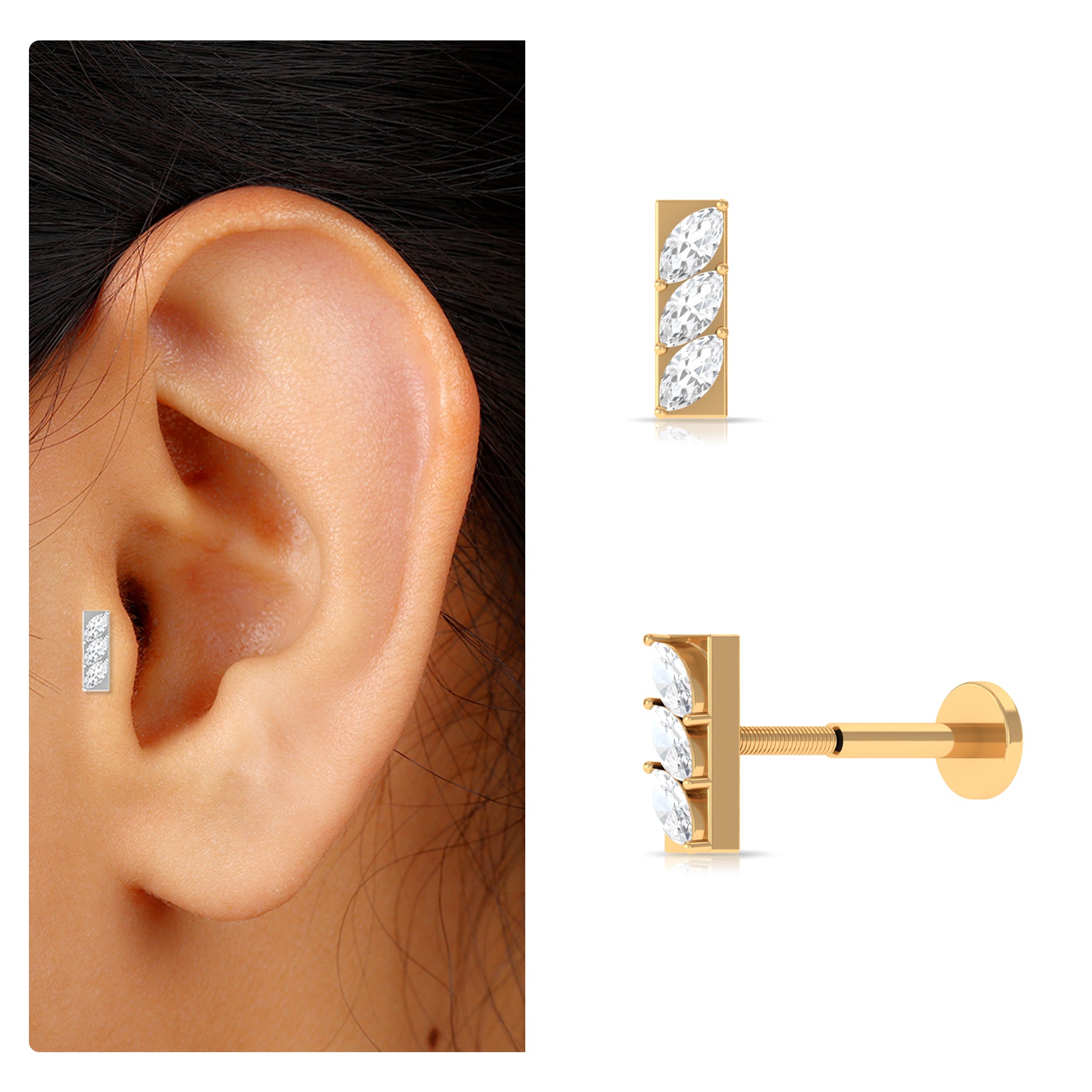 Rosec Jewels-Marquise Moissanite Three Stone Bar Earring for Tragus Piercing