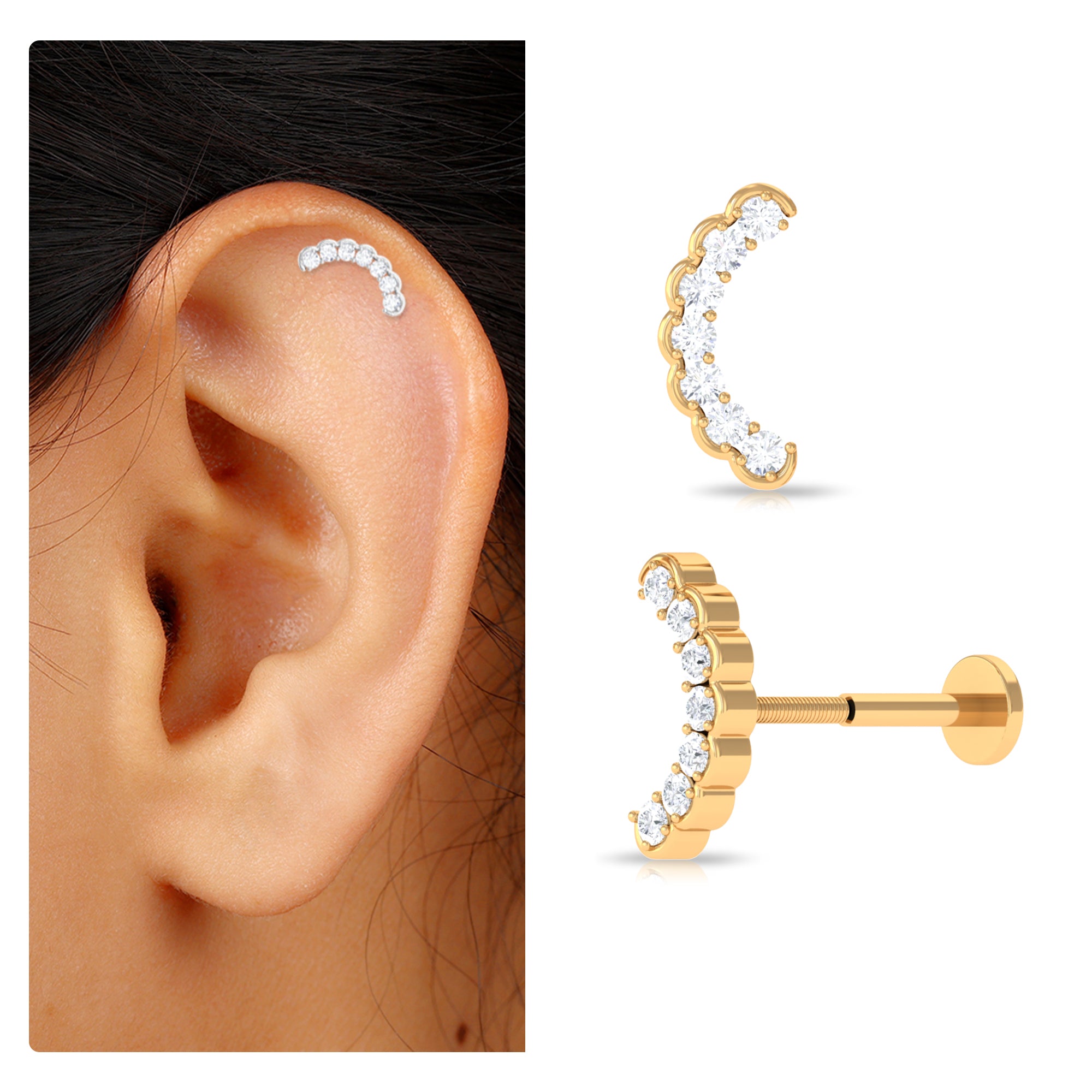 Rosec Jewels-Round Moissanite Climber Cartilage Earring in Gold