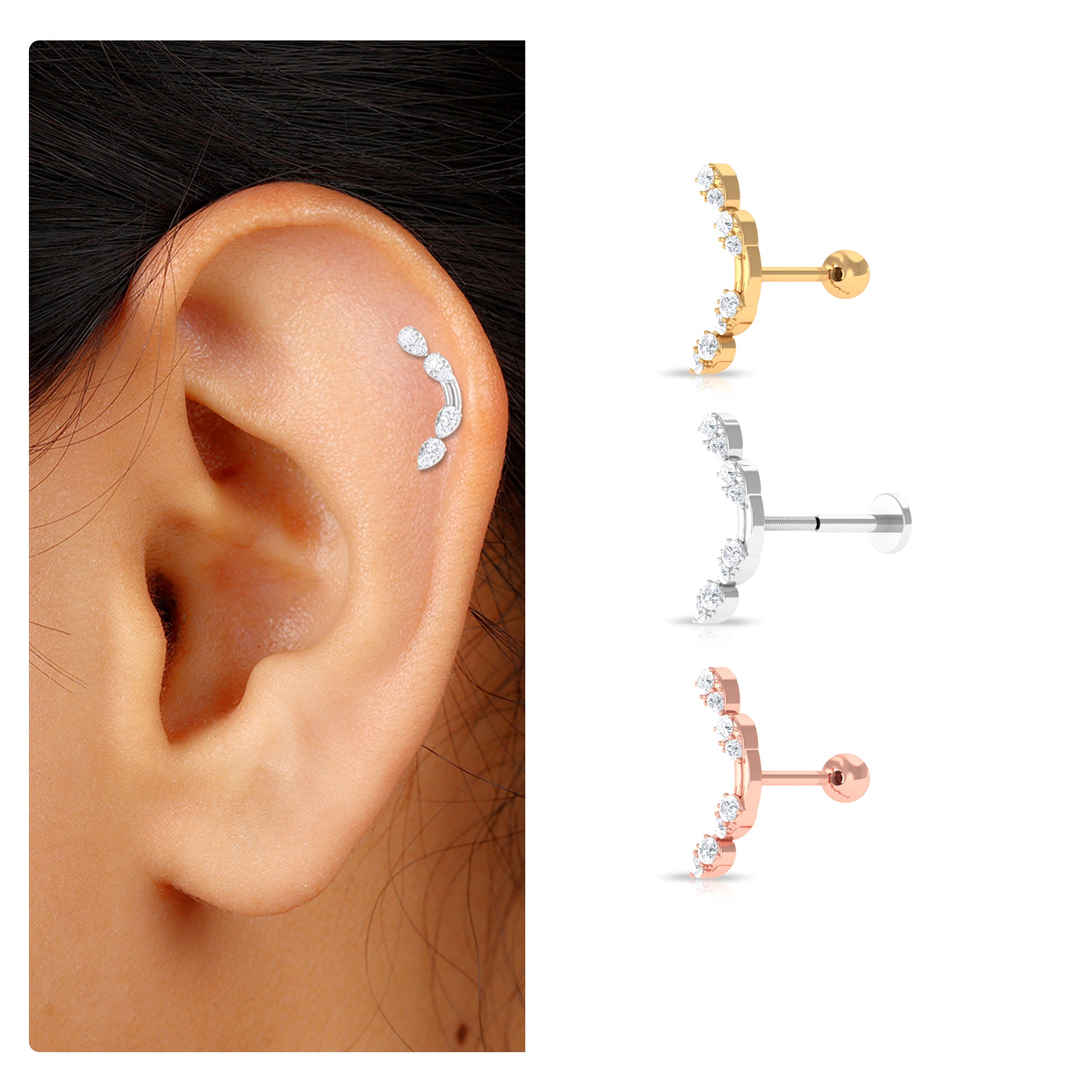 Rosec Jewels-Certified Moissanite Curved Helix Earring in Gold