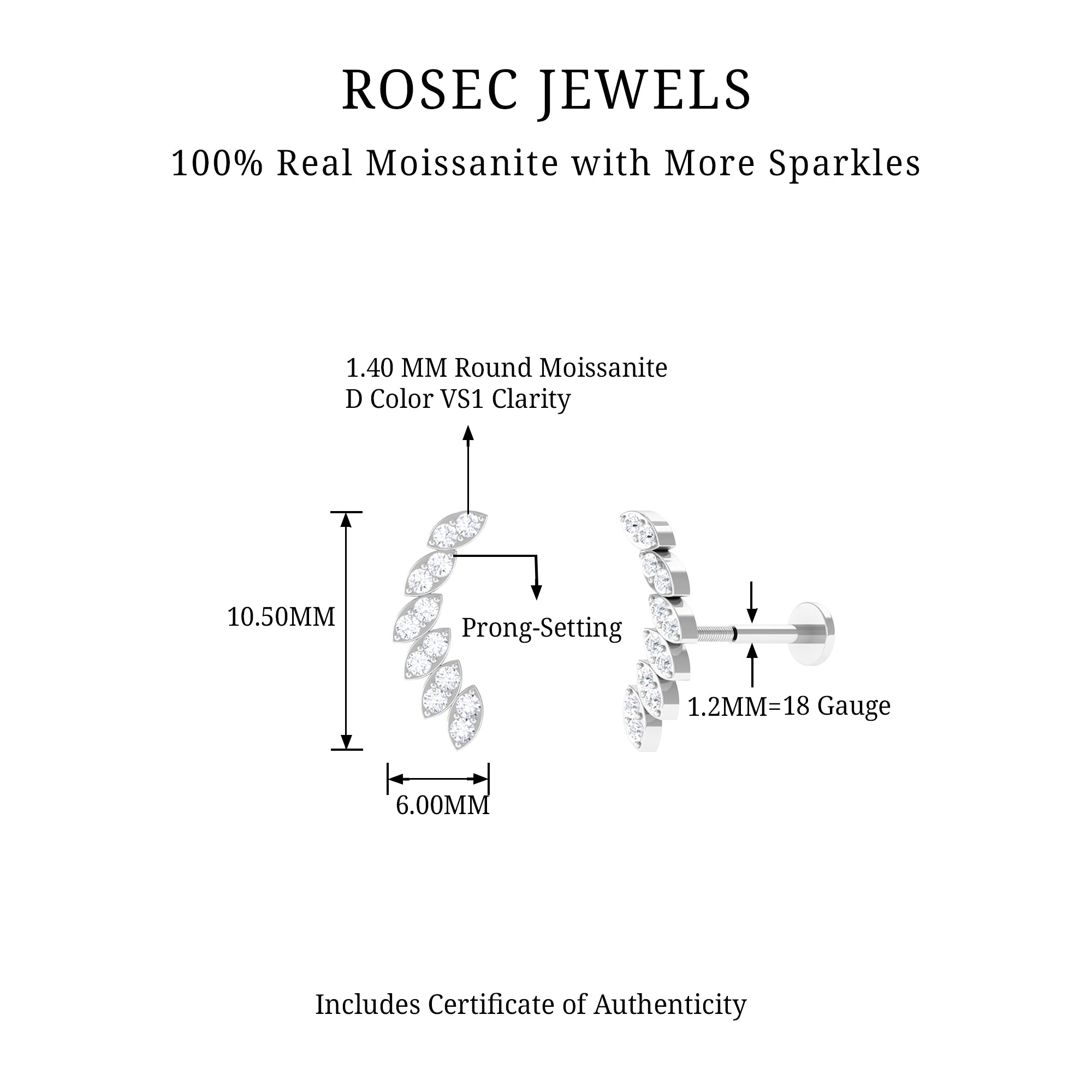 Rosec Jewels-Moissanite Curved Crawler Earring for Helix Piercing