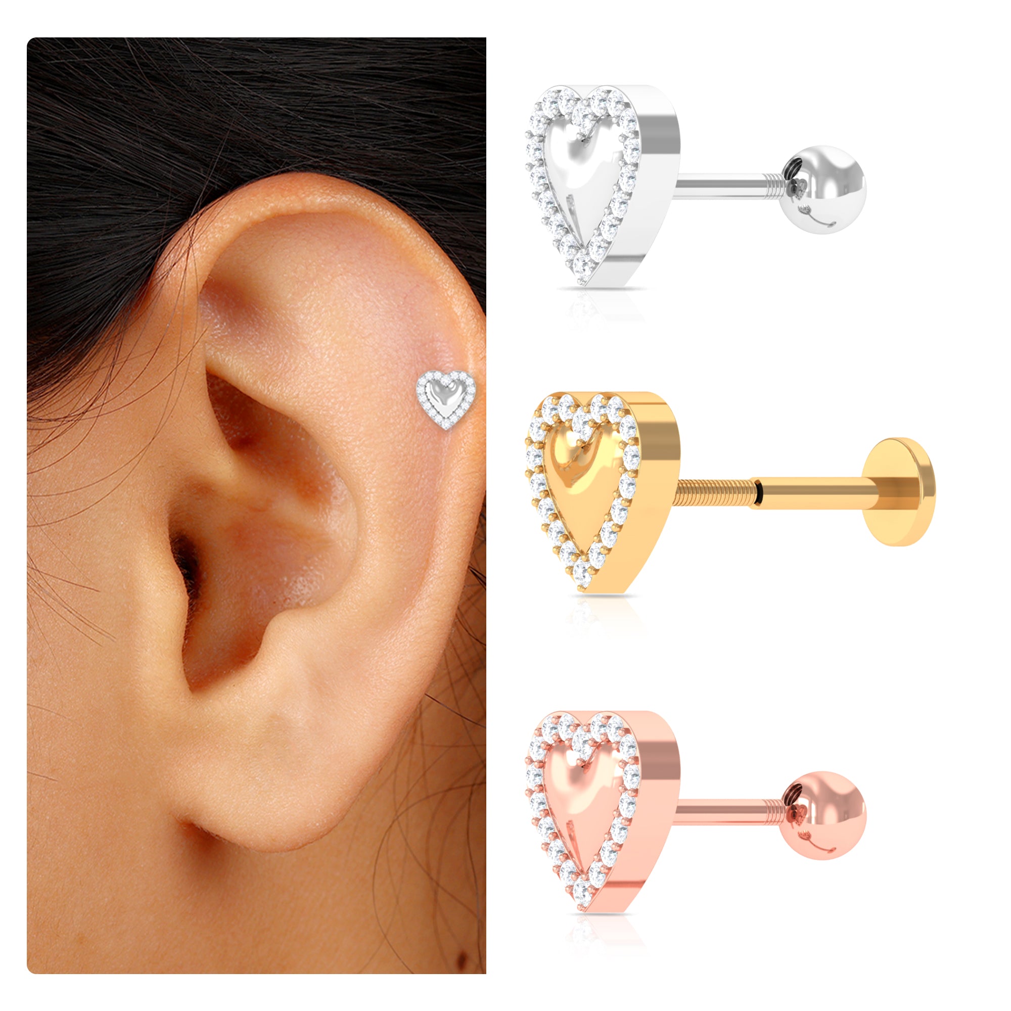 Rosec Jewels-Unique Moissanite Gold Heart Cartilage Earring