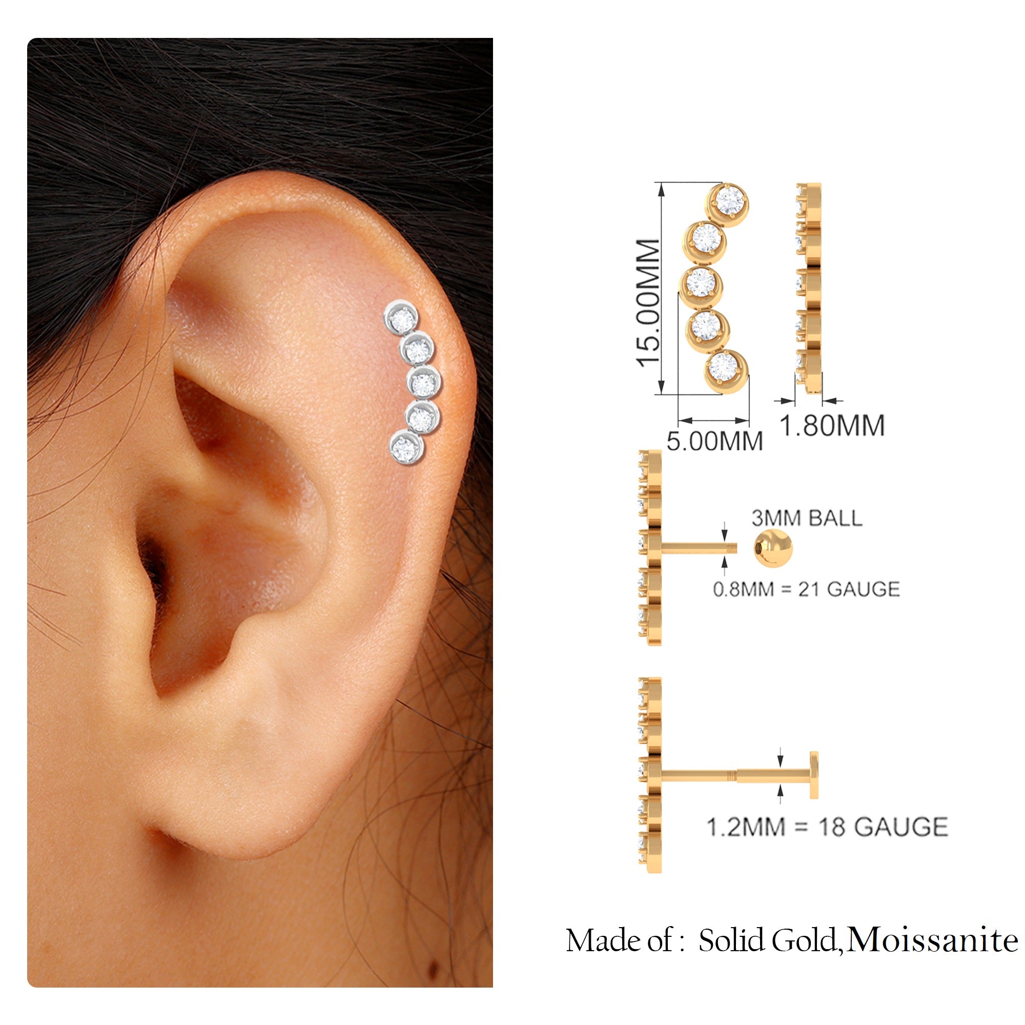 Rosec Jewels-Round Moissanite Gold Crawler Earring for Helix Piercing