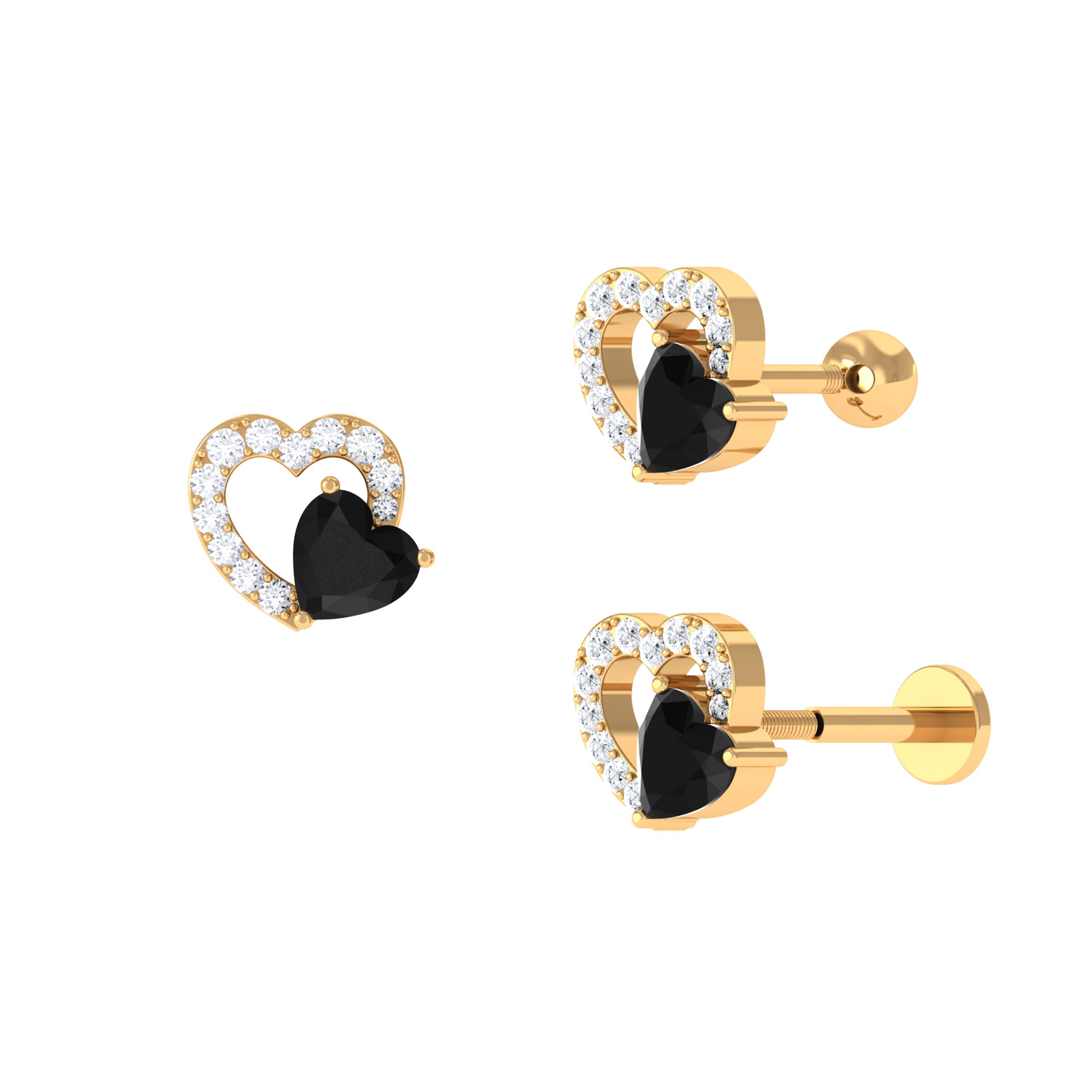 Black Onyx and Moissanite Heart Helix Earring in Gold Black Onyx - ( AAA ) - Quality - Rosec Jewels