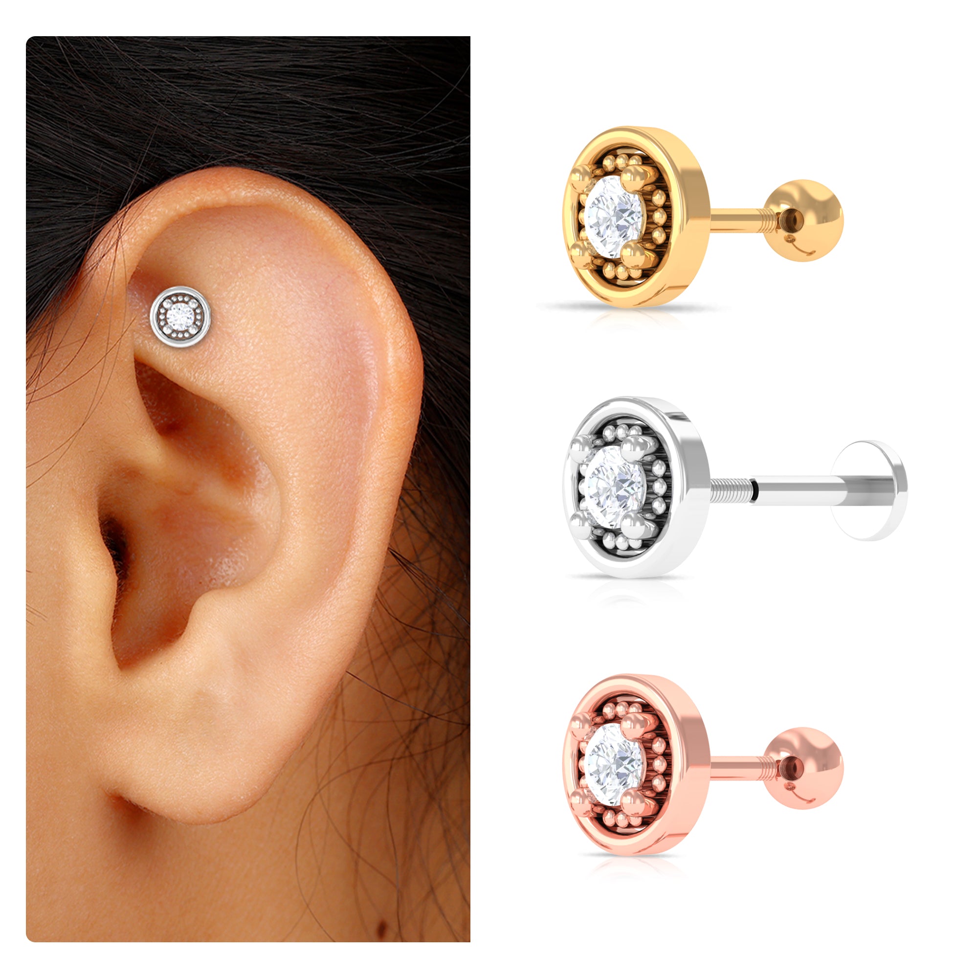 Rosec Jewels-Elegant Moissanite Gold Circle Earring for Helix Piercing