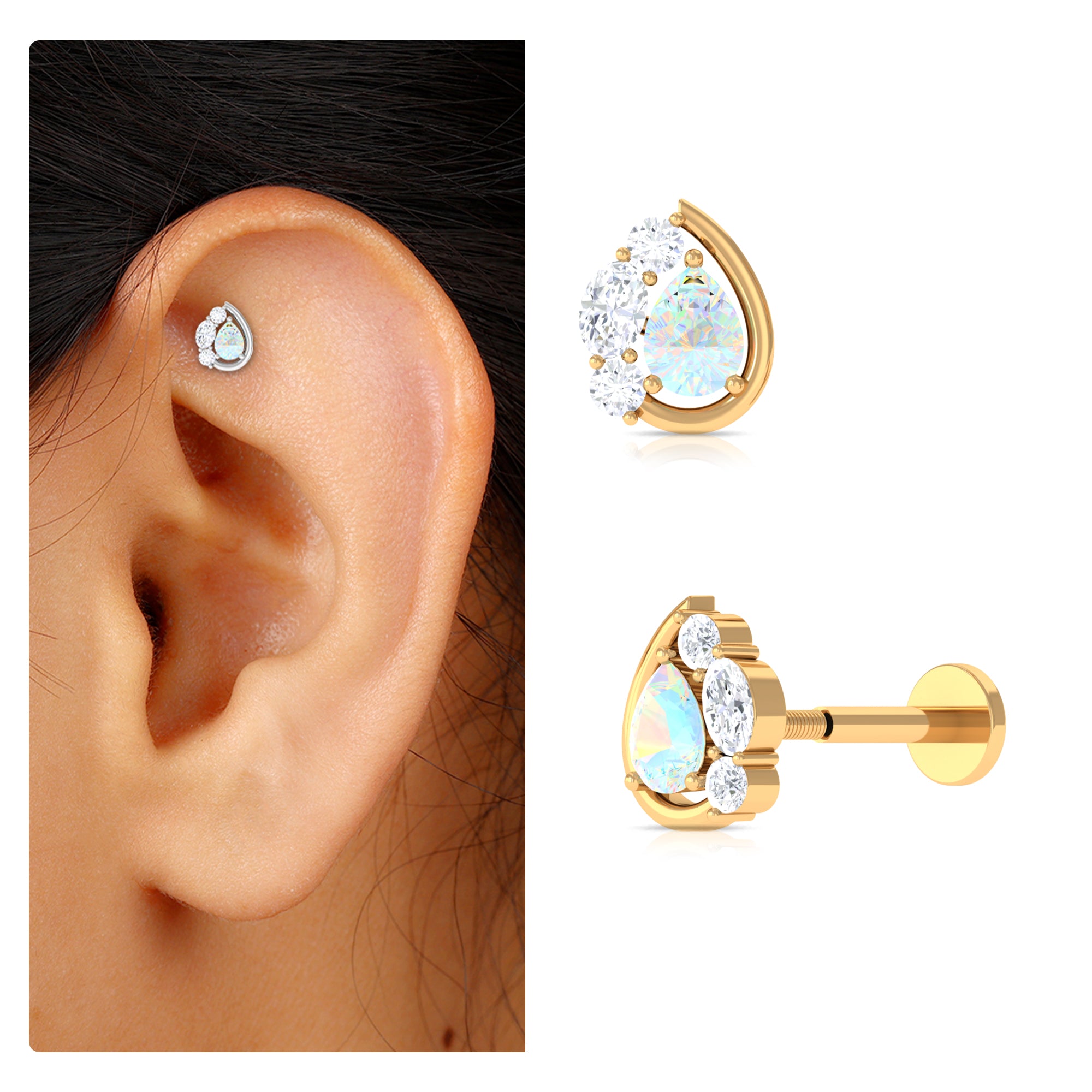 Rosec Jewels-Pear Shape Ethiopian Opal and Moissanite Cartilage Earring