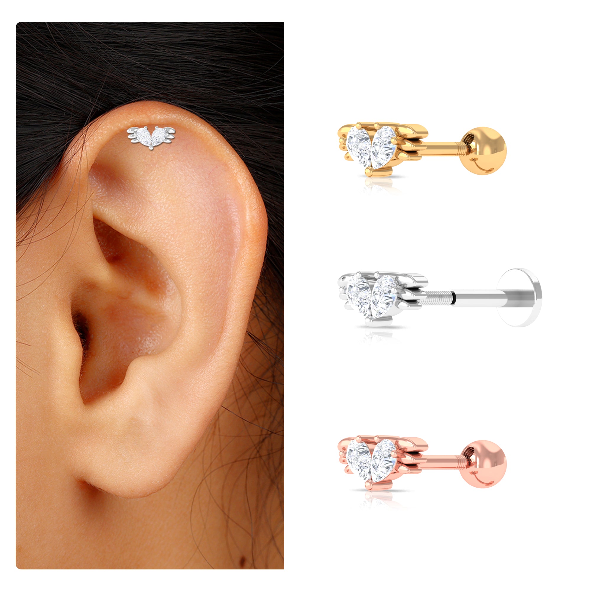 Rosec Jewels-Pear Moissanite Gold Wing Earing for Conch Piercing