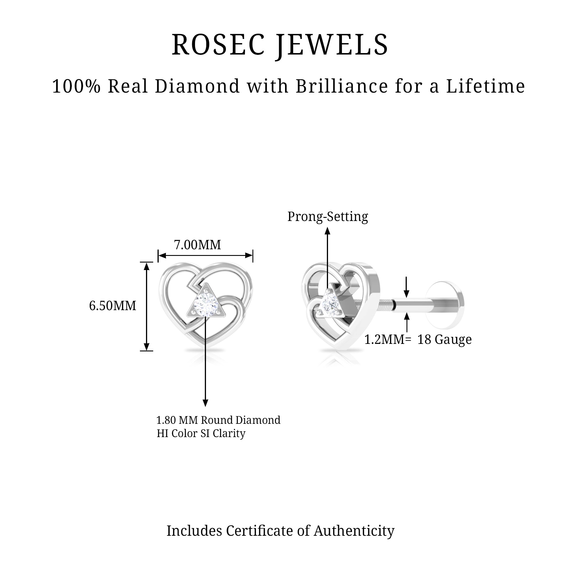 Rosec Jewels-Real Diamond Unique Heart Earring for Upper Lobe Piercing