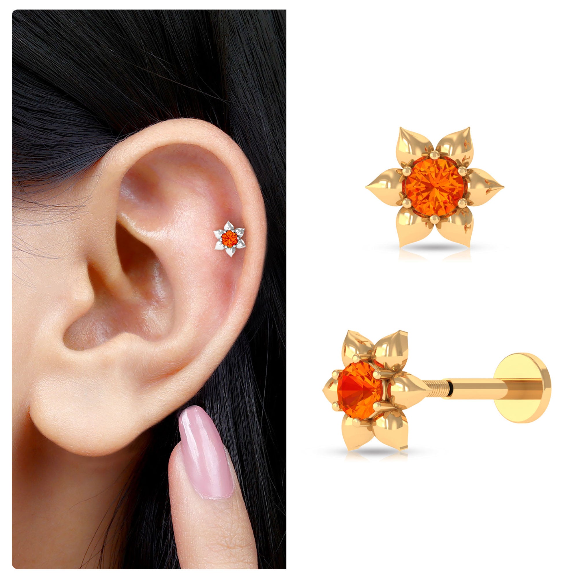 Rosec Jewels-Round Orange Sapphire Flower Cartilage Earring