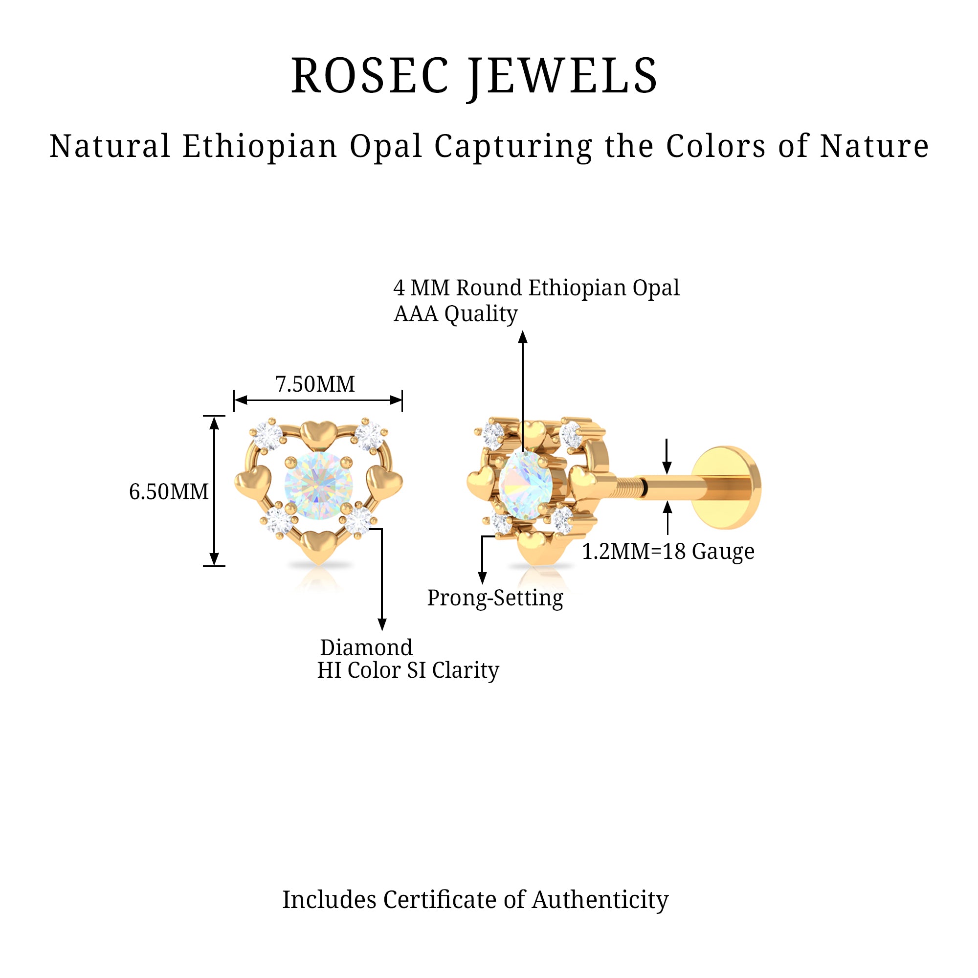 Rosec Jewels-Real Ethiopian Opal and Diamond Heart Cartilage Earring in Gold