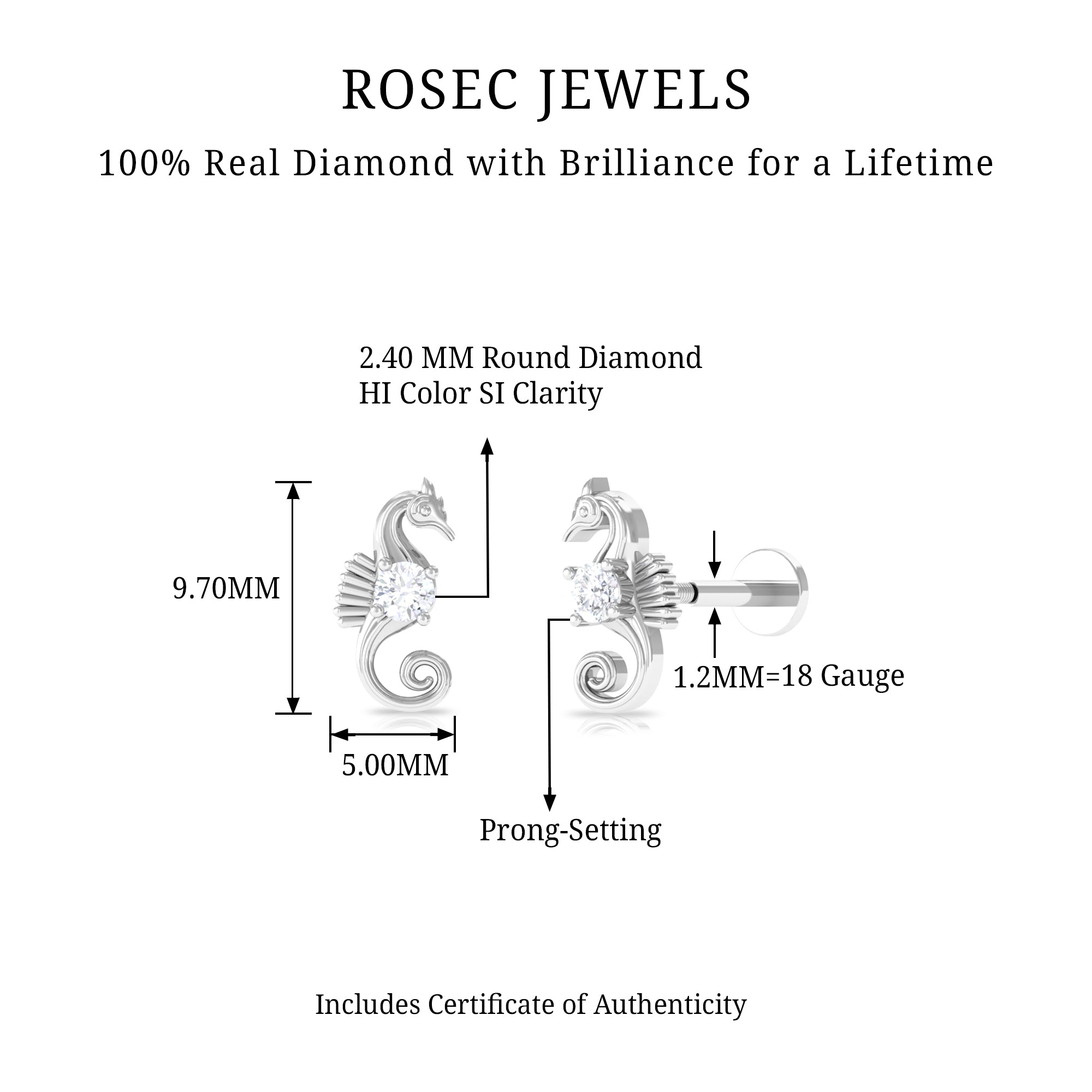 Rosec Jewels-Real Diamond Cute Sea Horse Earring for Helix Piercing