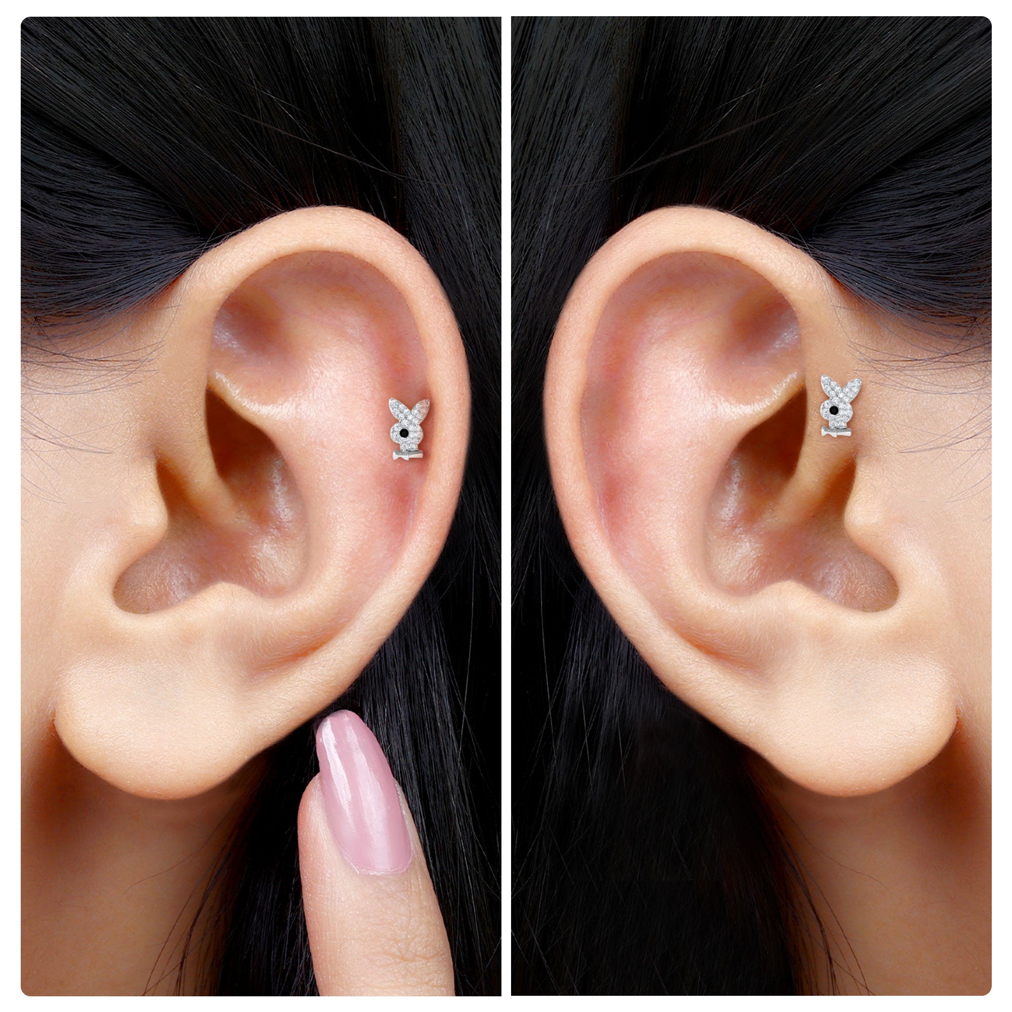 Rosec Jewels-Black Diamond and Moissanite Cute Bunny Helix Earring