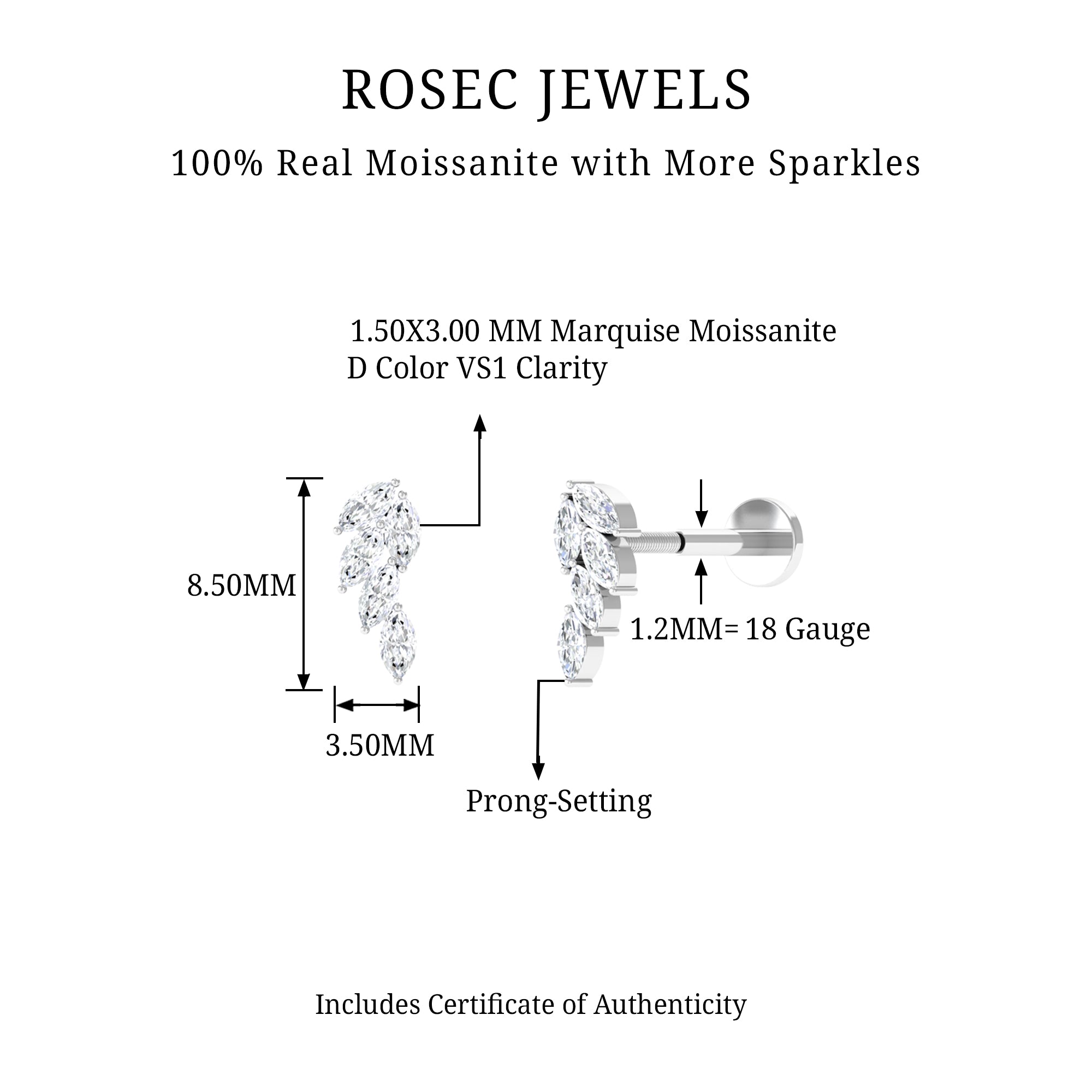 Rosec Jewels-Marquise Moissanite Leaf Earring for Helix Piercing