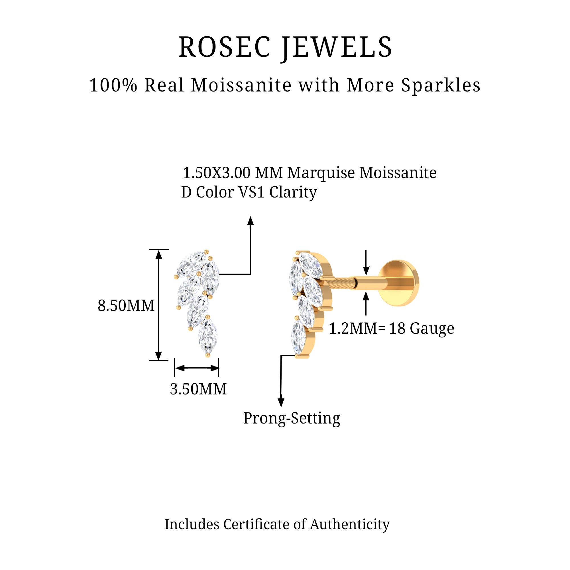 Rosec Jewels-Marquise Moissanite Leaf Earring for Helix Piercing