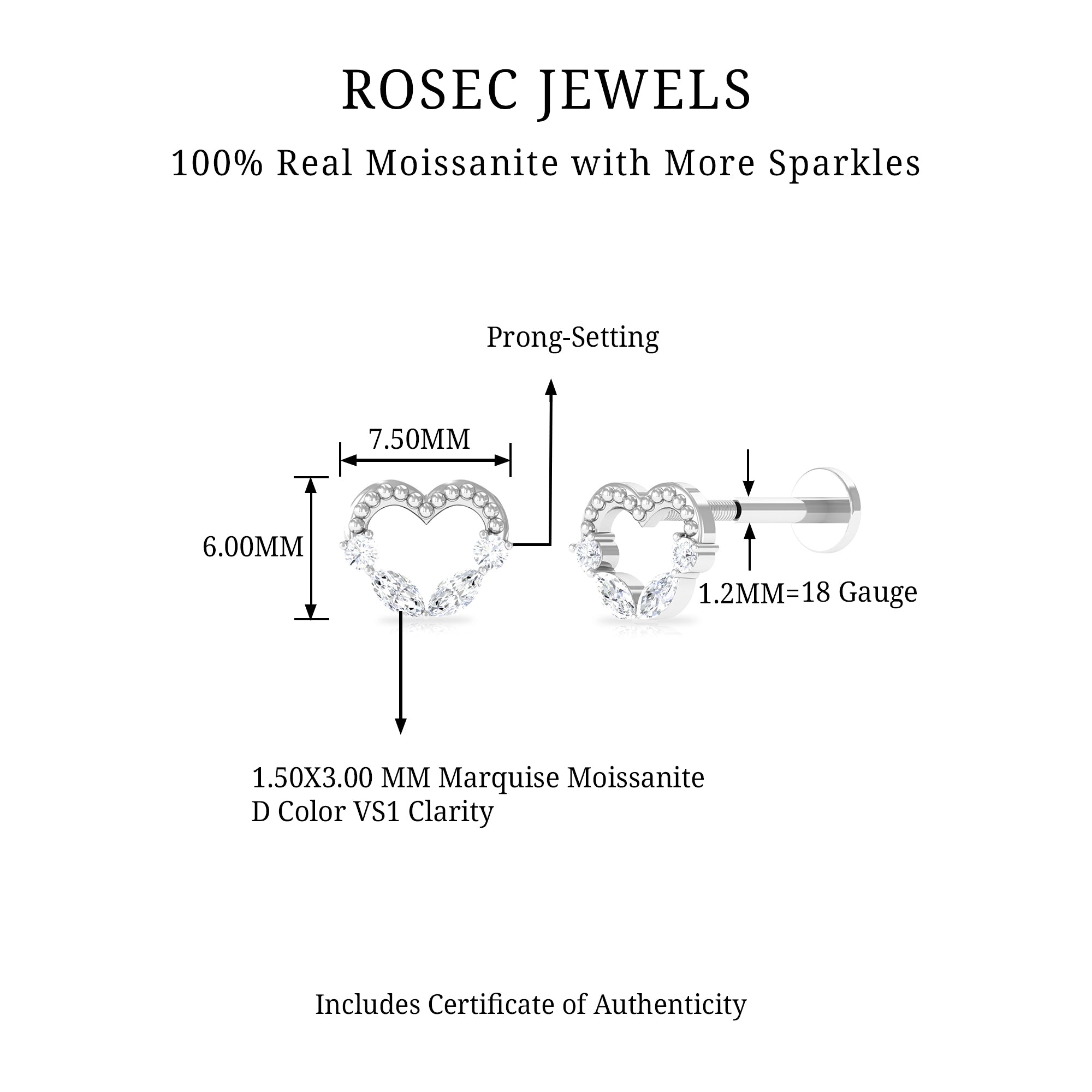 Rosec Jewels-Marquise Moissanite Heart Cartilage Earring with Gold Beads