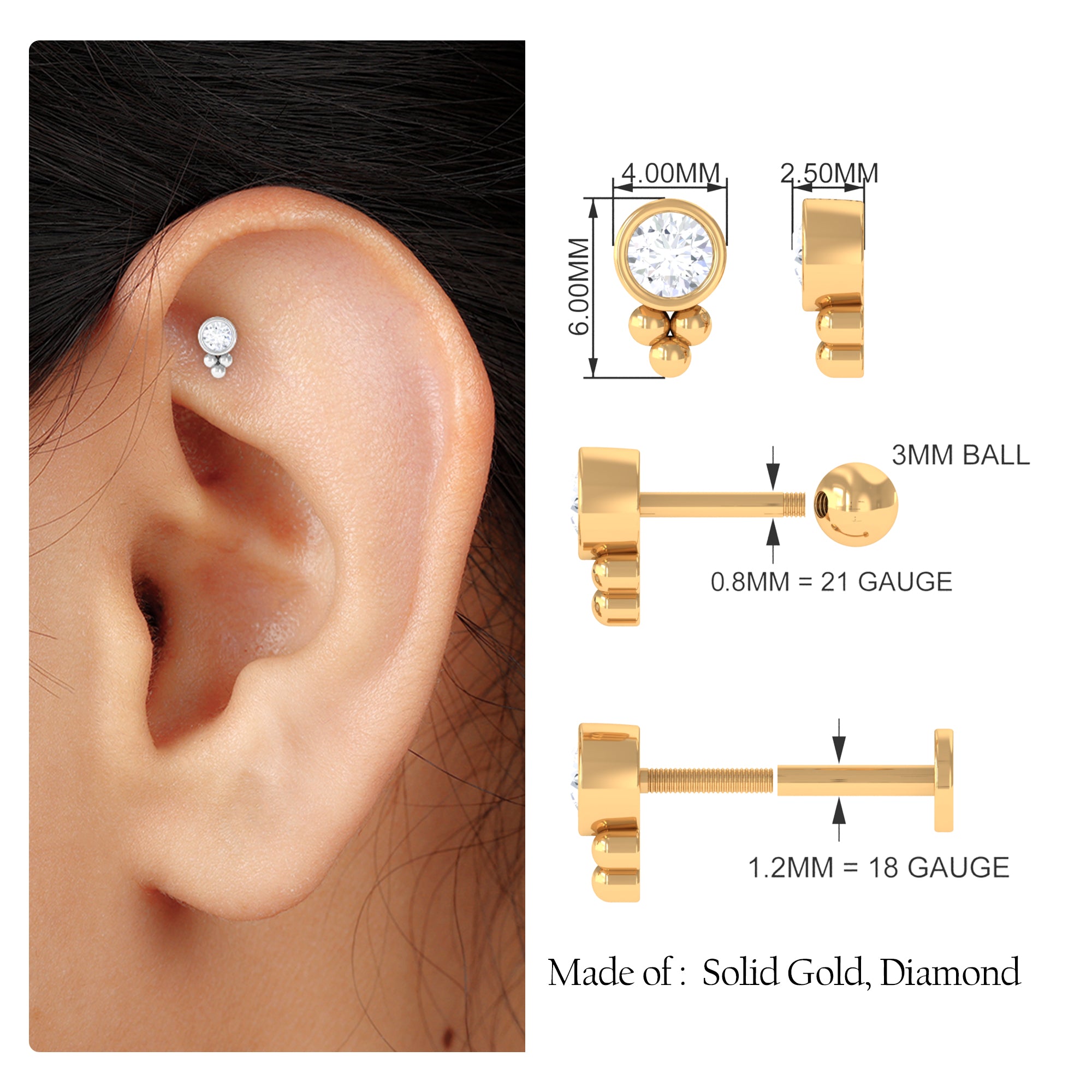 Rosec Jewels-Minimalist Moissanite Gold Beaded Helix Earring in Bezel Setting