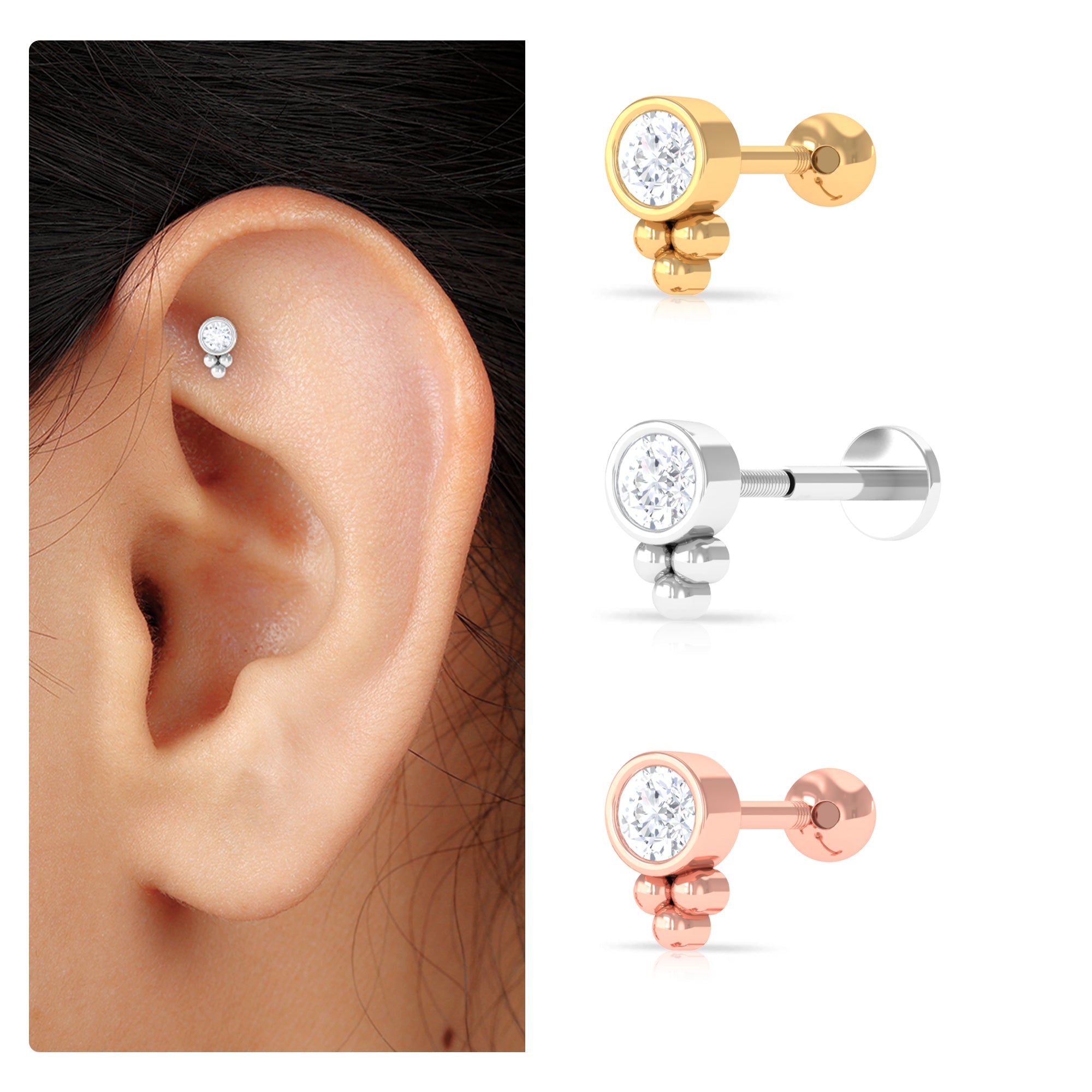 Rosec Jewels-Minimalist Moissanite Gold Beaded Helix Earring in Bezel Setting