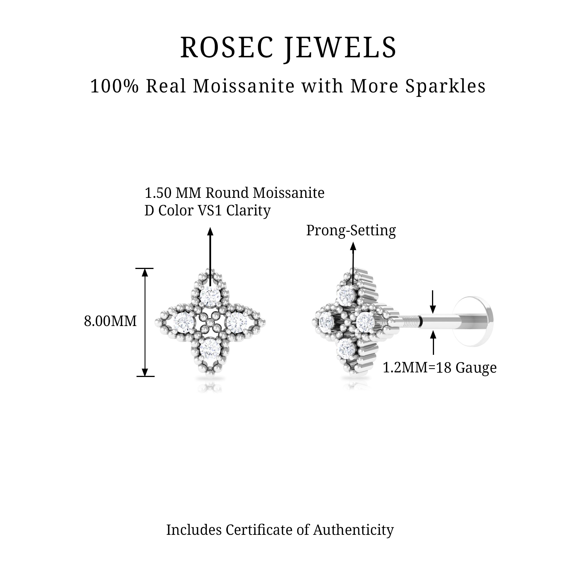 Rosec Jewels-Moissanite Flower Cartilage Earring with Beaded Gold