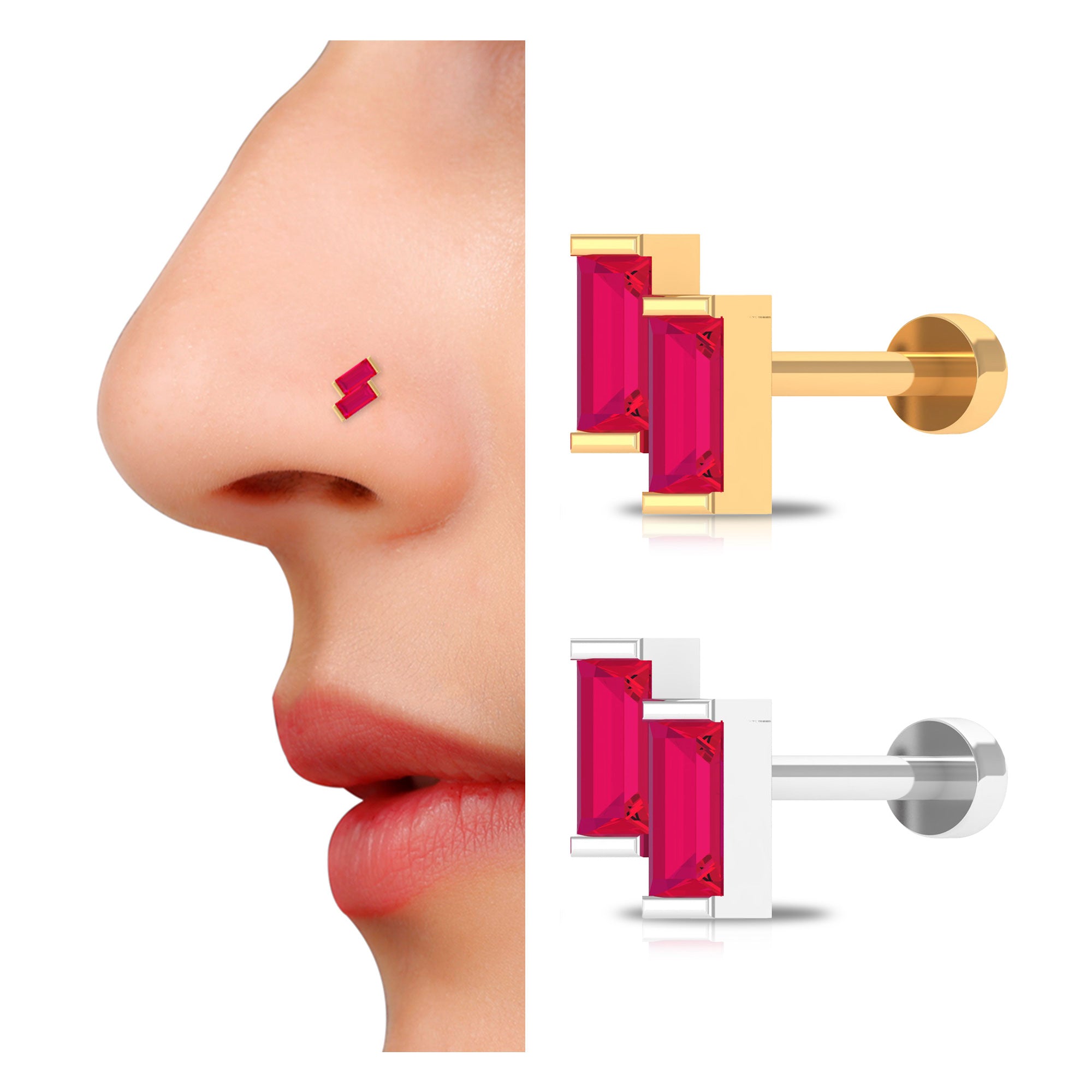 Rosec Jewels-Baguette Ruby Two Stone Nose Pin