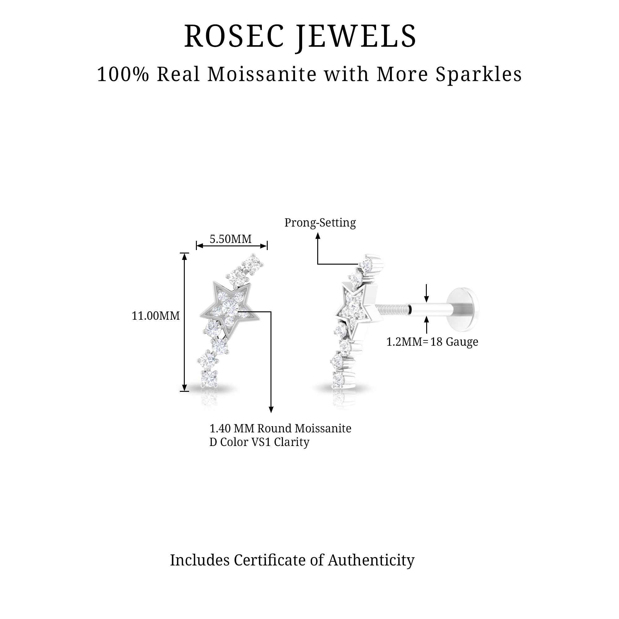 Rosec Jewels-Moissanite Celestial Cartilage Earring in Gold