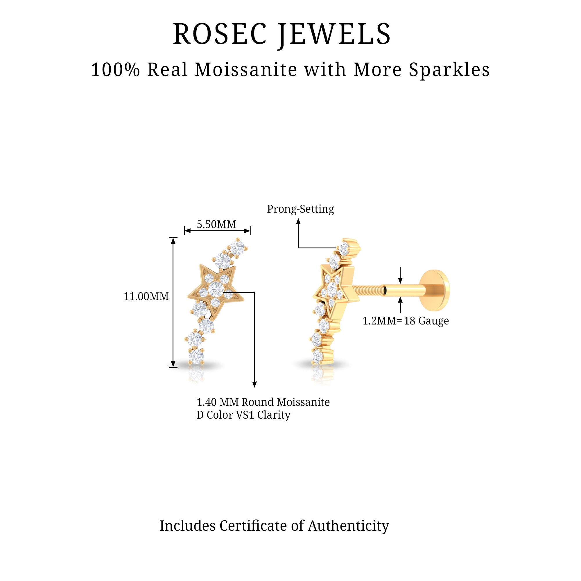 Rosec Jewels-Moissanite Celestial Cartilage Earring in Gold