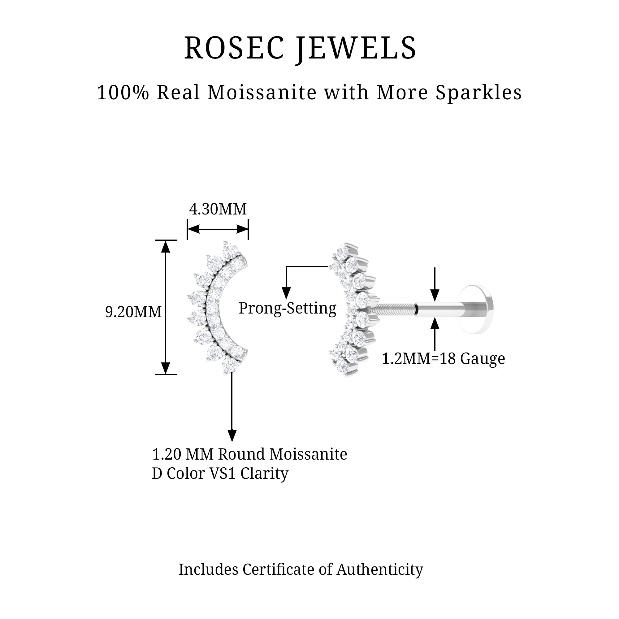 Rosec Jewels-Genuine Moissanite Curved Crawler Earring in Gold