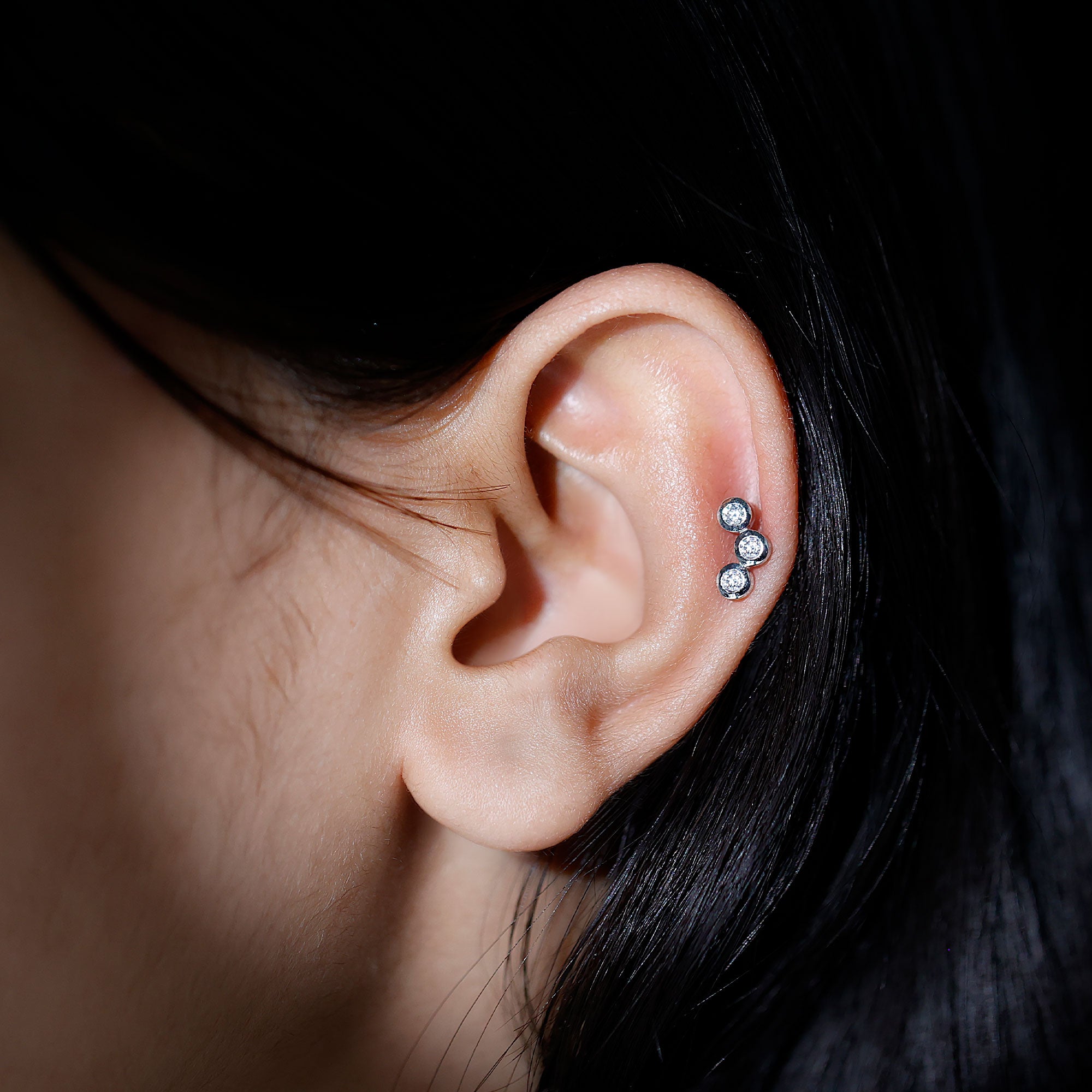 Rosec Jewels-Three Diamond Curved Helix Earring in Bezel Setting