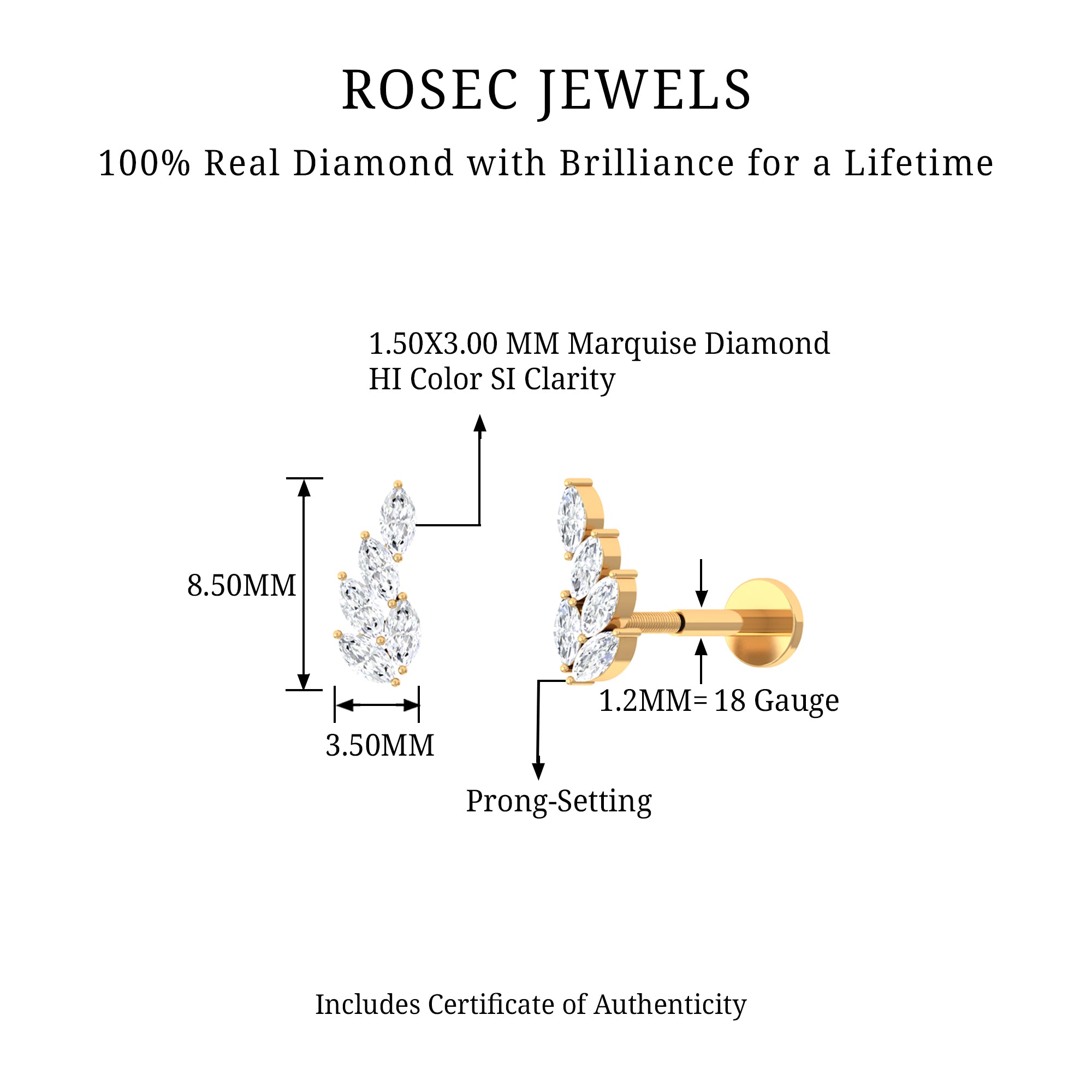 Rosec Jewels-Marquise Diamond Leaf Cluster Earring for Helix Piercing