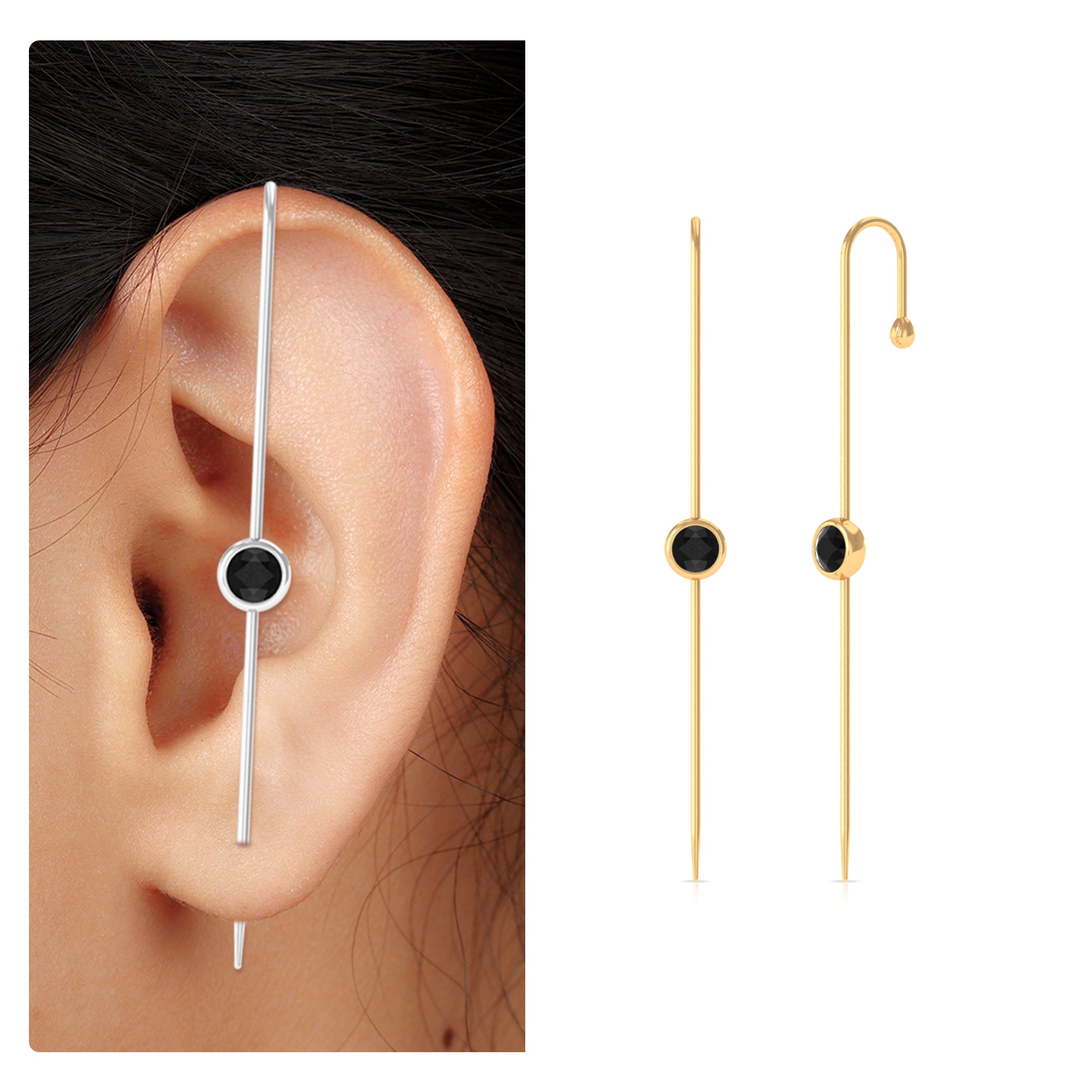 Rosec Jewels-Simple Black Onyx Ear Pin Earring in Bezel Setting