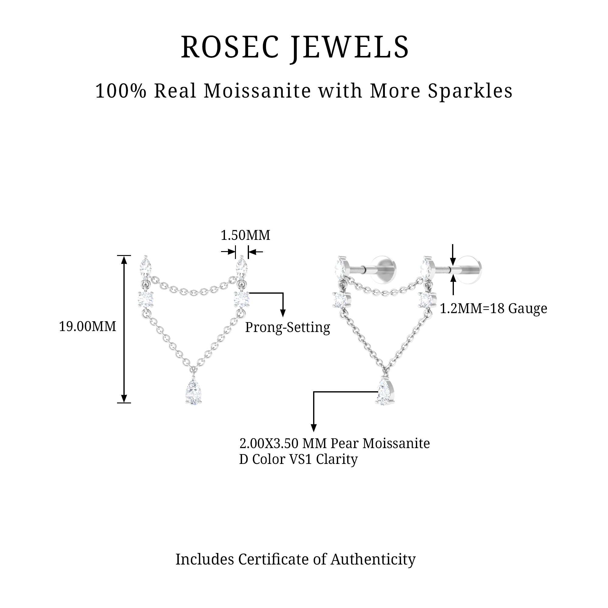 Rosec Jewels-Certified Moissanite Double Piercing Earring with Chain