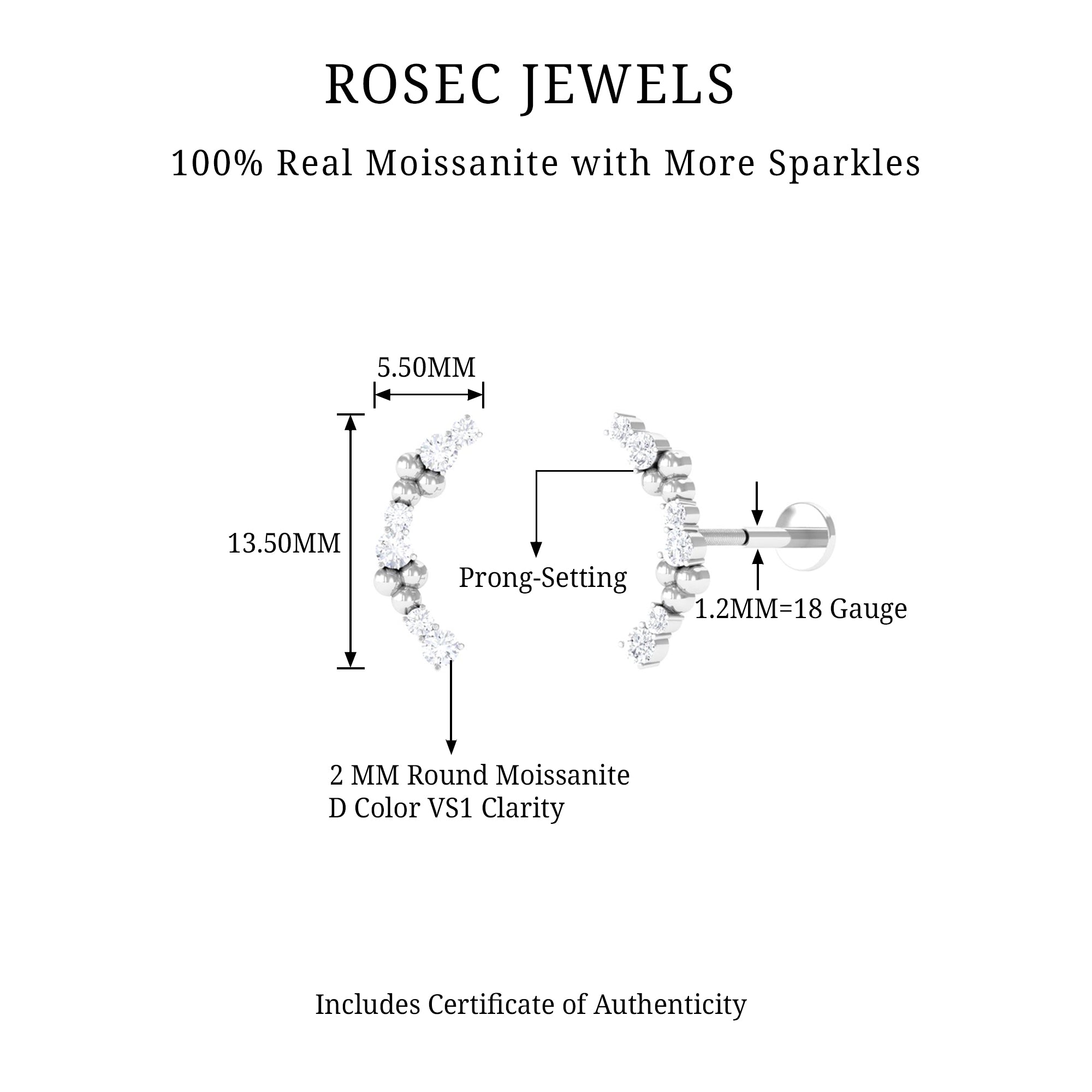 Rosec Jewels-Round Cut Moissanite Gold Ear Climber Earring